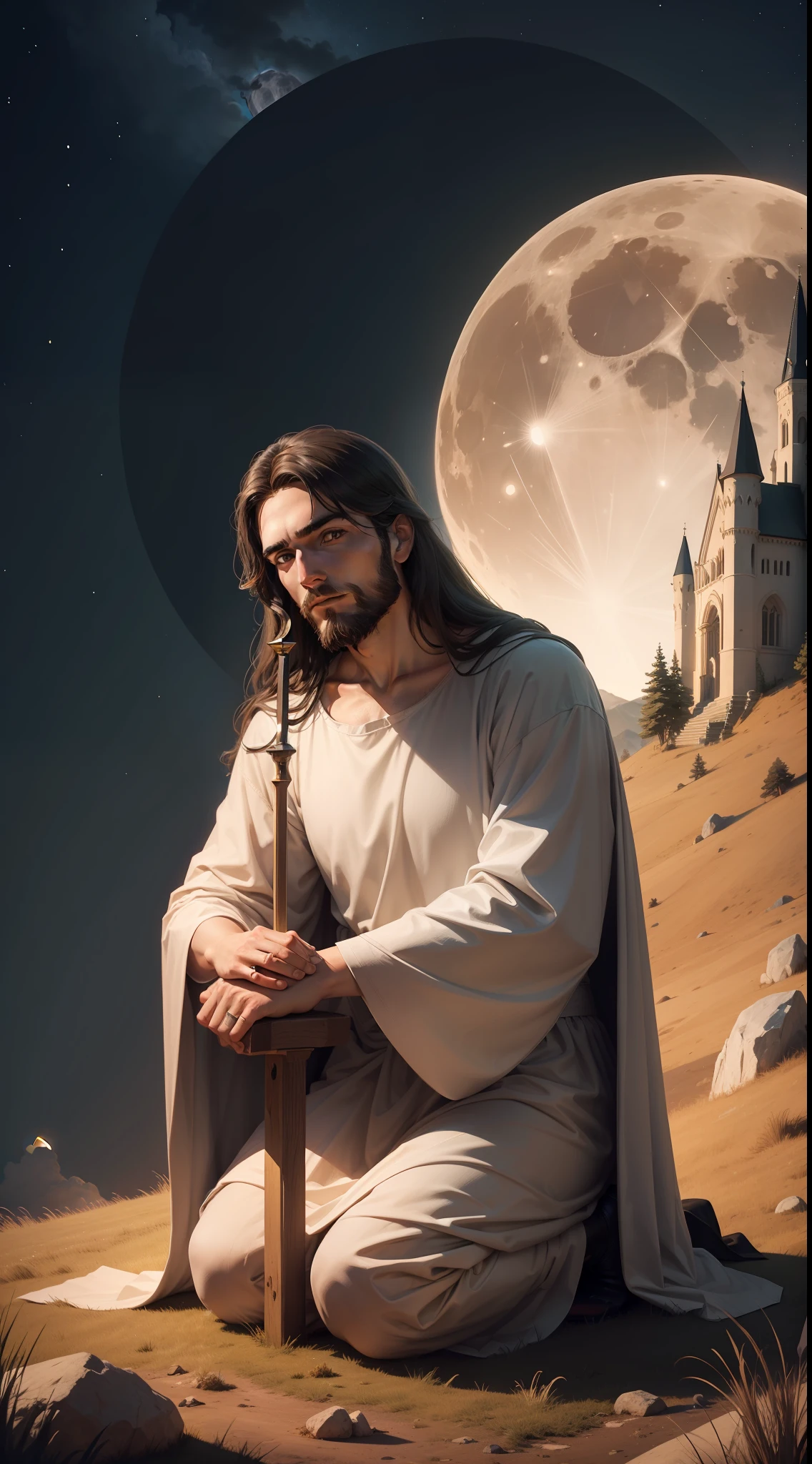 Jesus Christ with his face leaning upwards kneeling on top of a hill and a giant full moon behind illuminating.