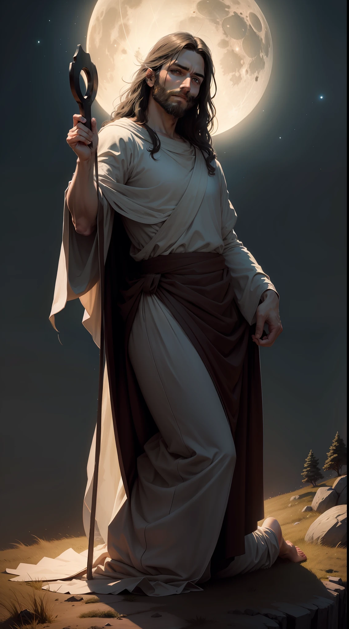 Jesus Christ with his face leaning upwards kneeling on top of a hill and a giant full moon behind illuminating.