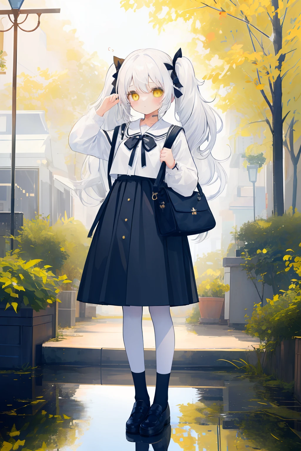 One girl、white  hair、Twin-tailed、High twin tails、​masterpiece、Top image quality、top-quality、Yellow eyes、black ribbon on the head、Cute Bag、Standing picture、The whole body is reflected