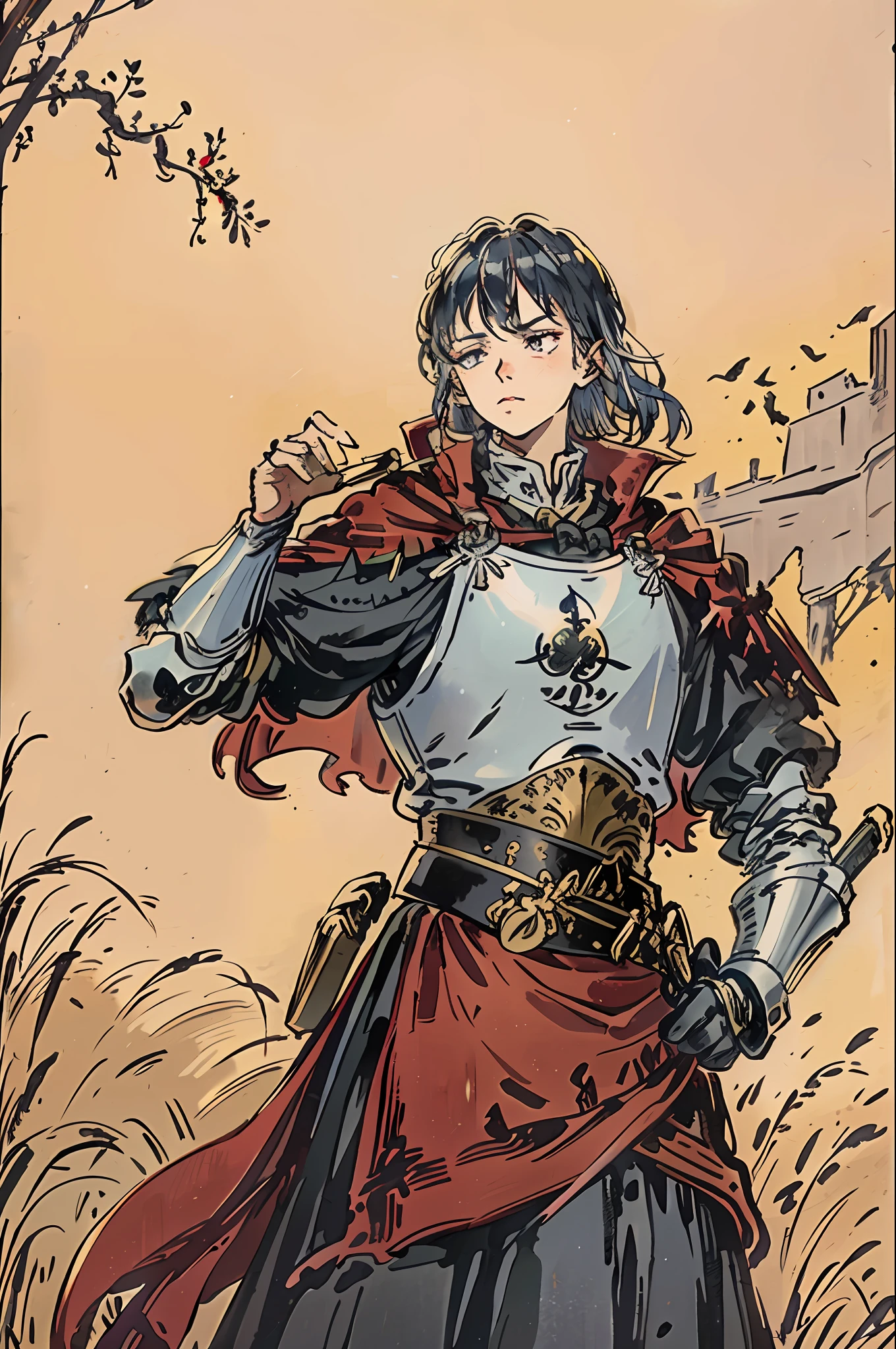 august,Covered with armor,medieval,One with a sword in one hand,Be watchful,cavalier,Martial arts are powerful ,Vicissitudes,There is a red cape,Blue-eyed,Silver hair,Vicissitudes,Homem de meia idade,uncle,The face is resolute,Straight facial features,august,robust,In line with the science of deplaning,Looking up,Carrying the sun,Behind it are vast golden wheat fields,