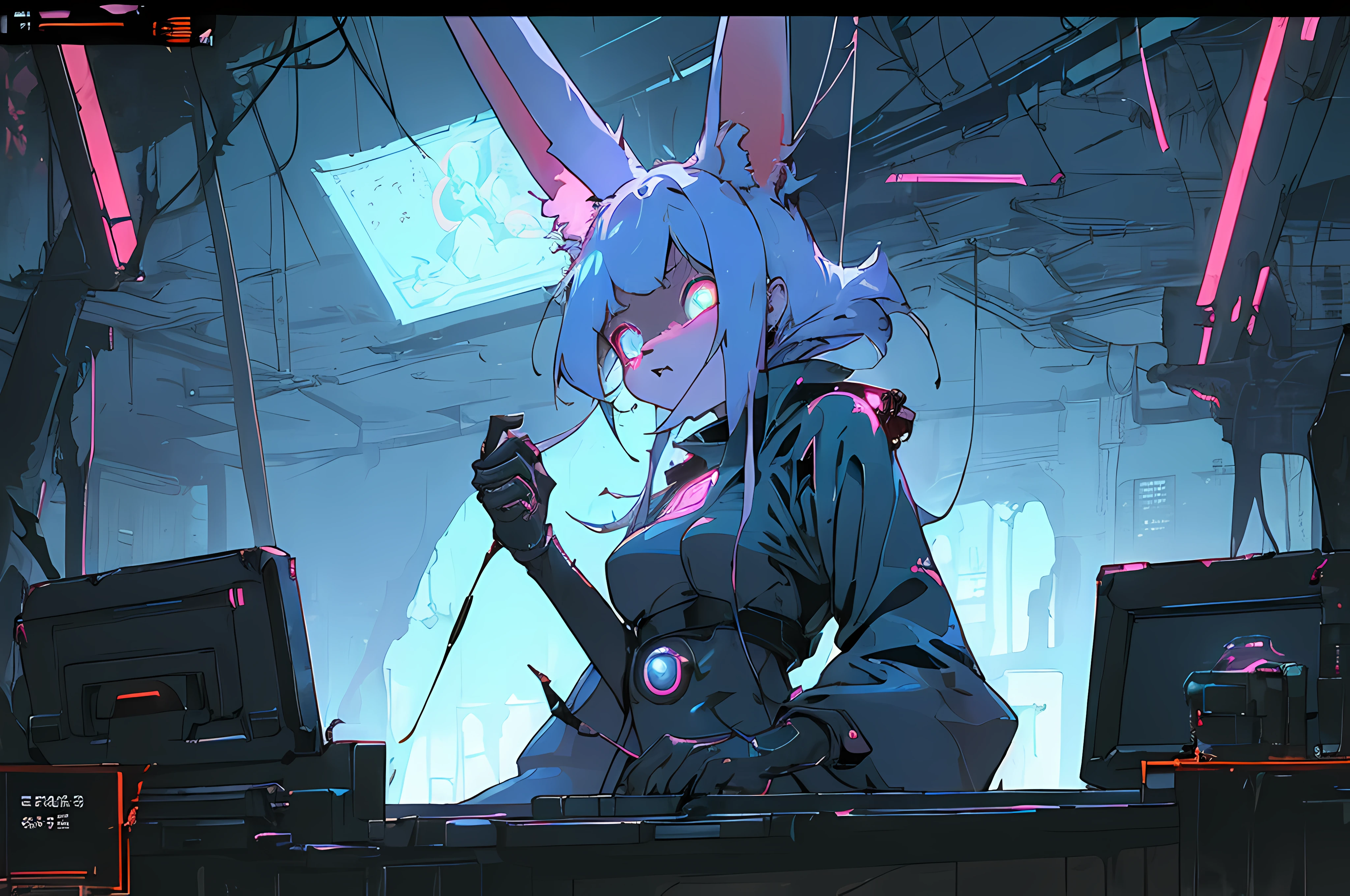 (((cyberpunk bleak bleak bleak dark black black black bleak gray))), vampire hunter d, (vintage vhs), (crt screenshot), (((dark scene))), (((dark cloudy scene))), (((angel's egg anime))), (((serial experiments lain anime))), (((underground basement scene))), (((unlit nighttime scene))), (((dark abandoned cyberpunk glowing screens lab house))), (((solemn blue anthro kemono furry rabbit with tall bunny ears exploring old computer screens))), (((underground cavern filled with glowing computer screens))), anime rabbit character with futuristic hair and glowing eyes and tall bunny ears exploring old ruins, anime art, anime aesthetic, (((old ruins in background cel art))), kemono anime rabbit girl, wearing cybernetic bunny ears, angry female fighter --v6