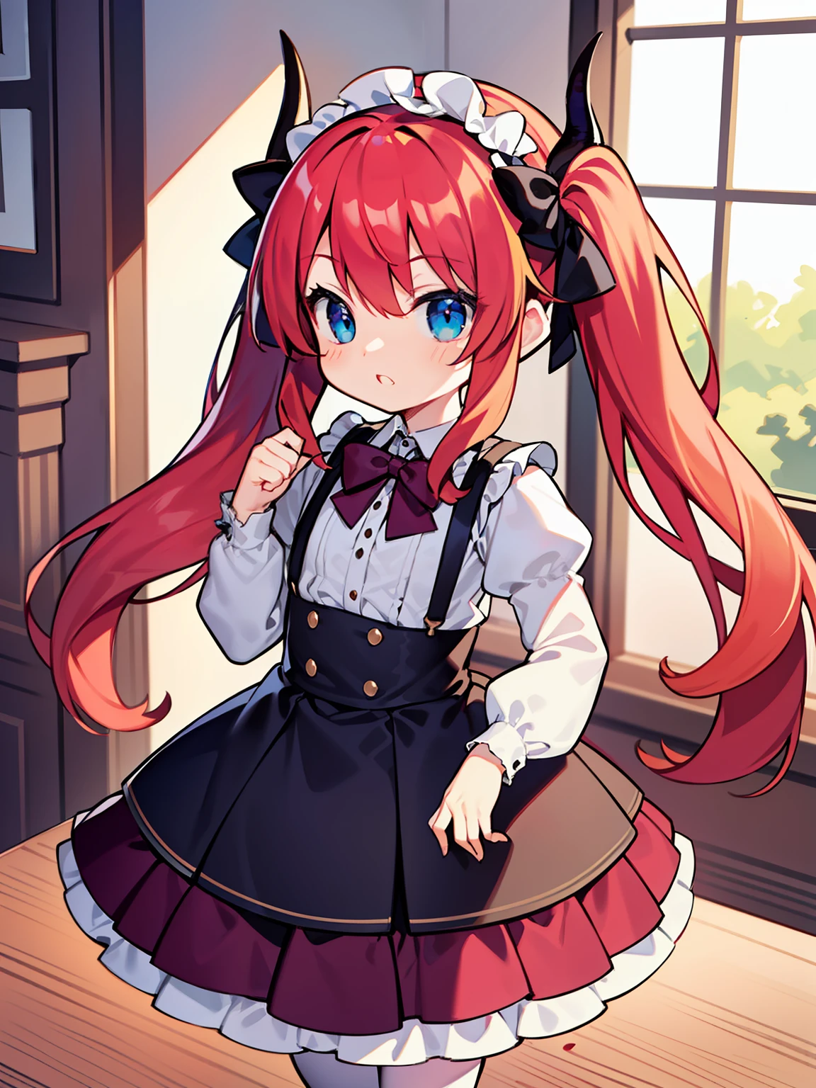 {{best quality}}, {{masterpiece}}, {{ultra-detailed}}, {illustration}, {detailed light}, red hair,blue eyes,twintails,lolita,Suspenders skirt,Fantastic,loli,solo,Dragon horns,little girl,long hair