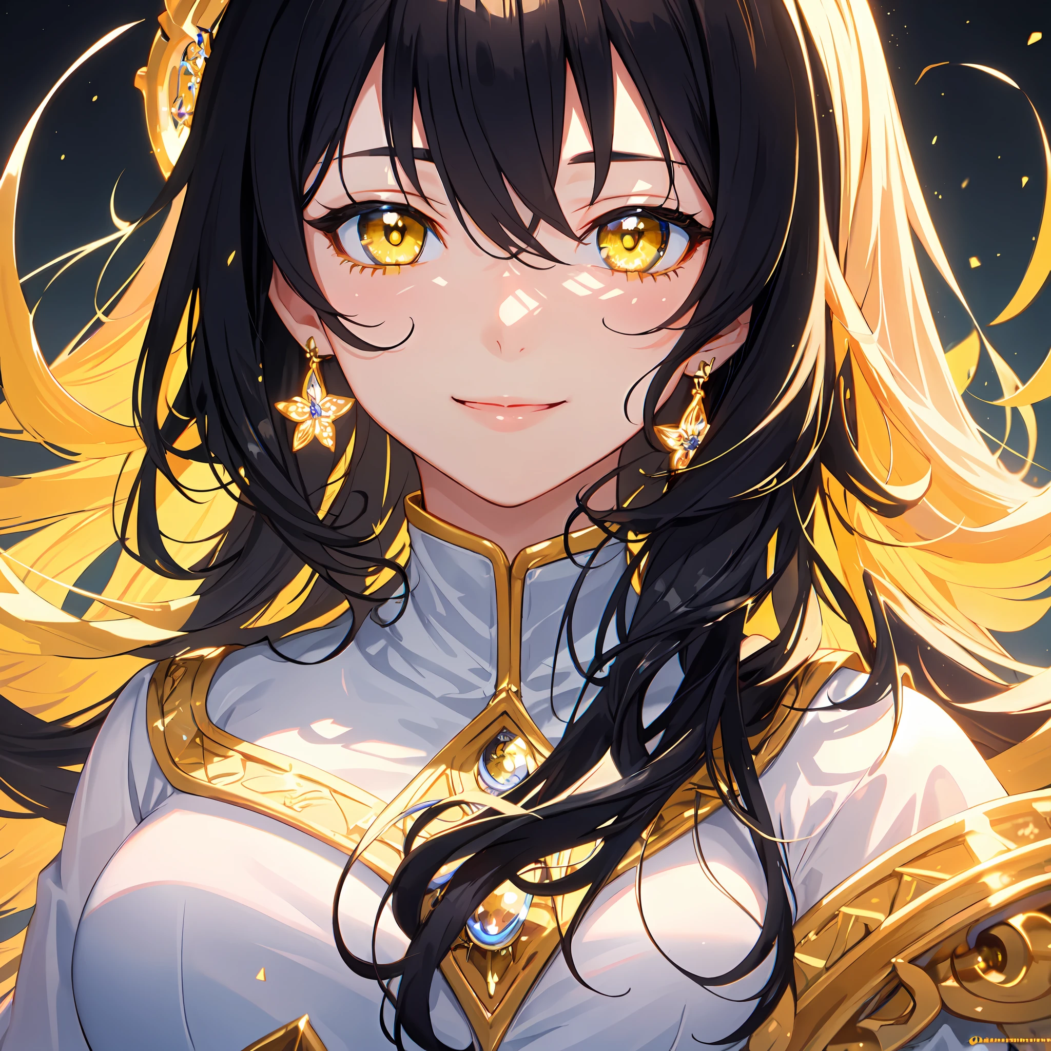 (best quality, masterpiece:1.5, wallpaper), (1girl, solo, sharp face, dynamic angle), colorful, (gentle smile, happiness expression), (detailed hair, long hair, black hair, yellow highlight, hair between the eyes), (vibrant color, yellow eyes, finely detailed beautiful eyes:1.2), (beautiful detailed face), (an extremely delicate and beautiful), high contrast, (detailed background, best illumination, hyper detailed background, beautiful scenary, amazing background),