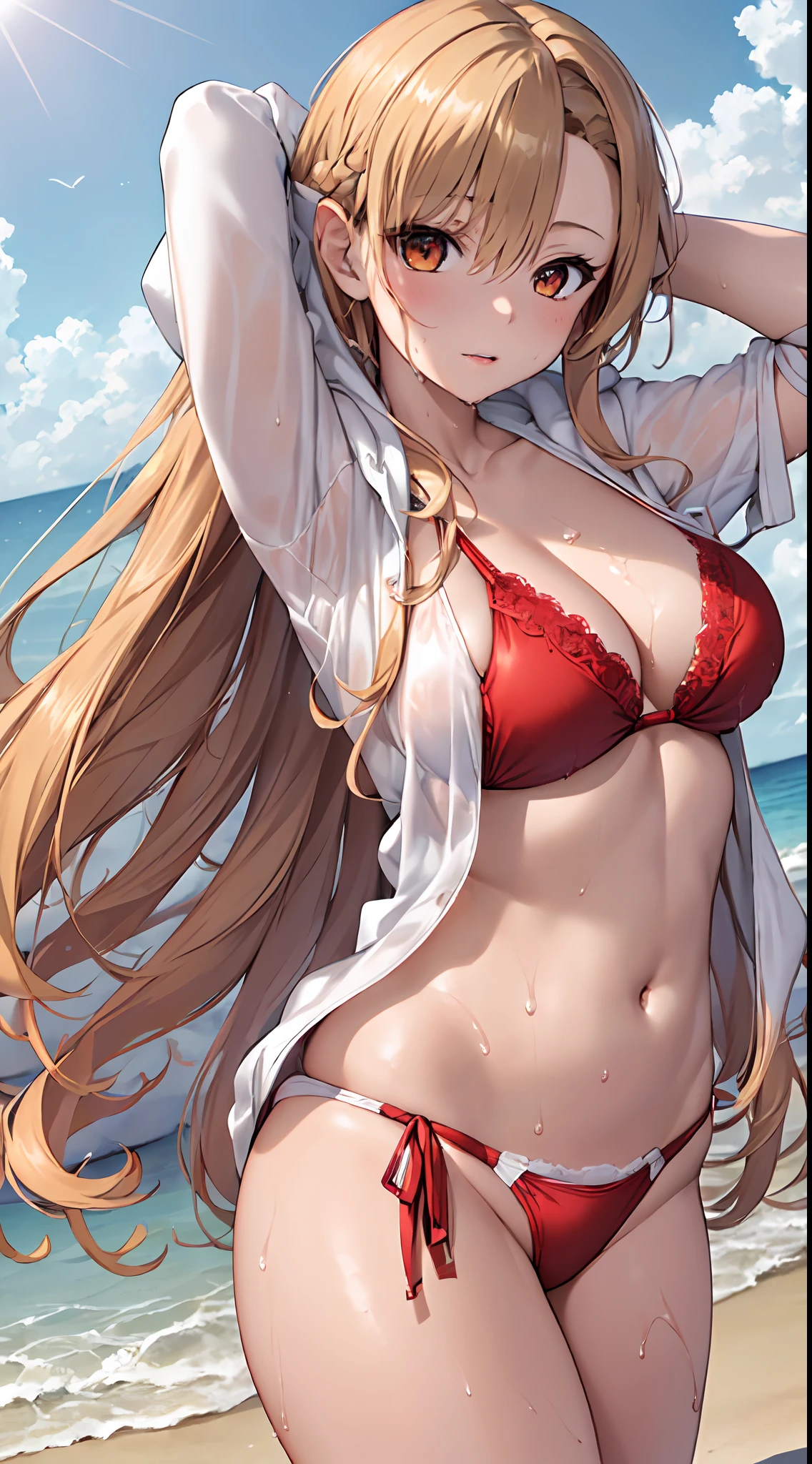 (masutepiece:1.4),(the Extremely Detailed CG Unity 8K Wallpapers:1.5),(1 girl:1.4),(Back view:1.2),(Beautiful face:1.5),(hands covered),(narrowwaist),(Shiny hair,Long hair,Hair fluttering in the wind,delicate and intricate hair:1.5),(Beautiful body,beautifull hands,Beautiful Finger,Delicate hands:1.5),(Large breasts:1.3),(Style image of a woman seen from behind:1.5),Seductive smile,(Solo:1.5),(Model:1.2),(hands behind head:1.1),Seductive Anime Girl, small curvy , beautiful alluring anime teenautiful anime girl, charming anime girls, Smooth Anime CG Art,beautiful alluring anime woman, Anime Best Girl,(Asuna:1.5),pretty anime girl,(Wet,Exquisite cloth,Red lace bikini,White clothes, Hoodie,Open jacket,Beach:1.4), Lens Flare,Beautifully painted, Outdoors,