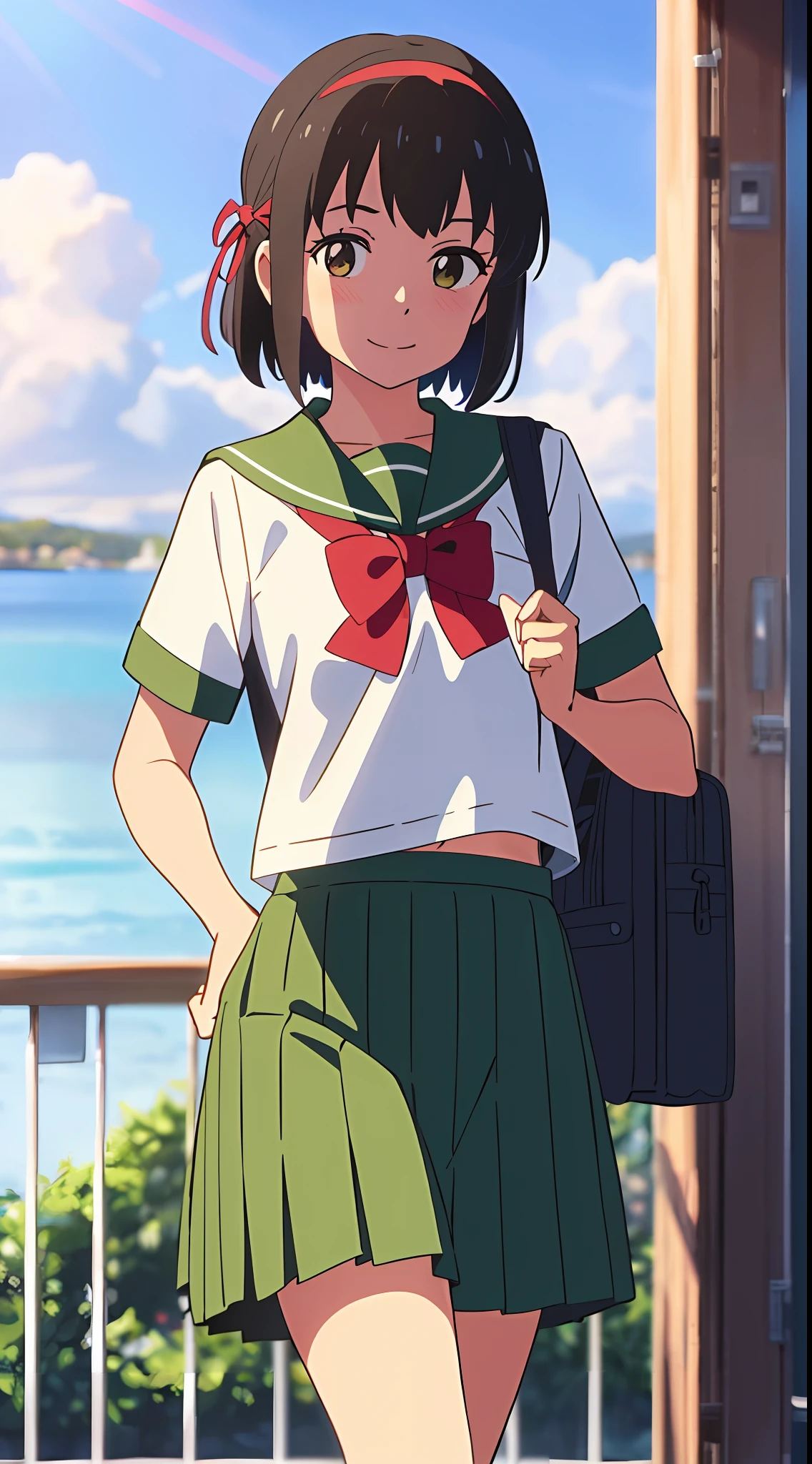 shinkai makoto, kimi no na wa., 1girl, bangs, black hair, blush, brown eyes, sky, cloud, sailor collar, green sailor collar, sailor color, green sailor color, serafuku, looking at the viewer, Negative Space, outdoors, headband, red headband, ribbon, red ribbon, bow, red bow, school uniform, short hair, smile, solo, white shirt, green skirt, pleated skirt, short sleeves, school backpack