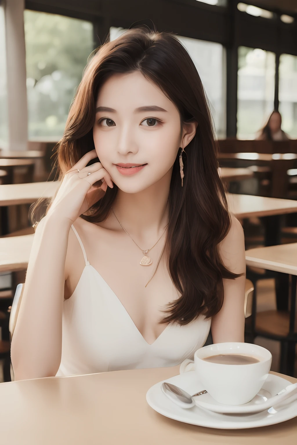 mature woman, long brown currly hair, purple eyes, cafeteria, sitting at the table, coffe, hand holding hair, morning, summer white dress, earrings, happy, blush, flower in hair, HDR, pov sitting in front of her, neckless, ring, without underwear, shy