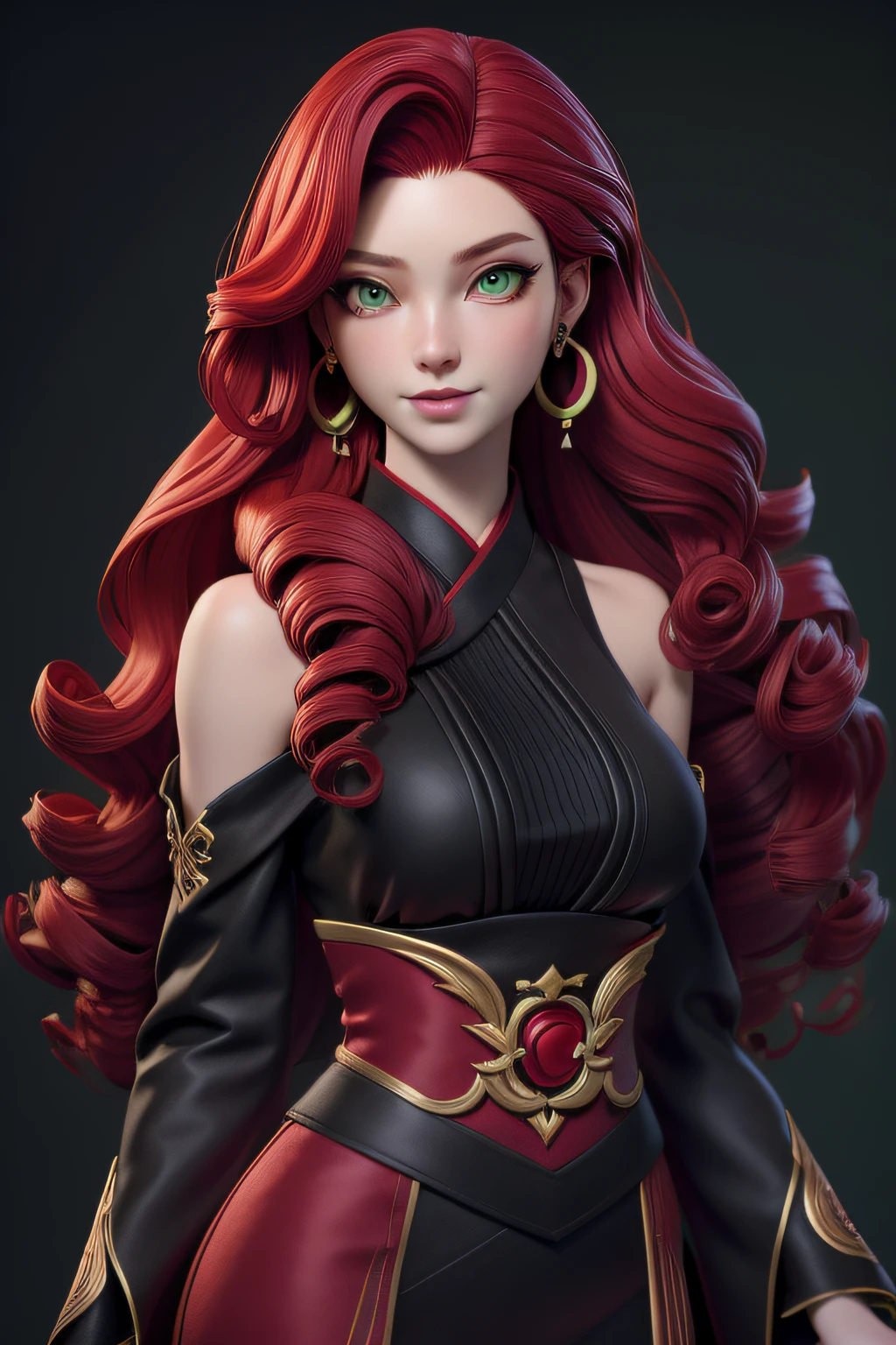 masterpiece, best quality, 1 girl, lime green eyes, pale skin, wine red hair, long hair, earrings, jewelry, black japanese clothes, simple background, solo, upper body, curly hair