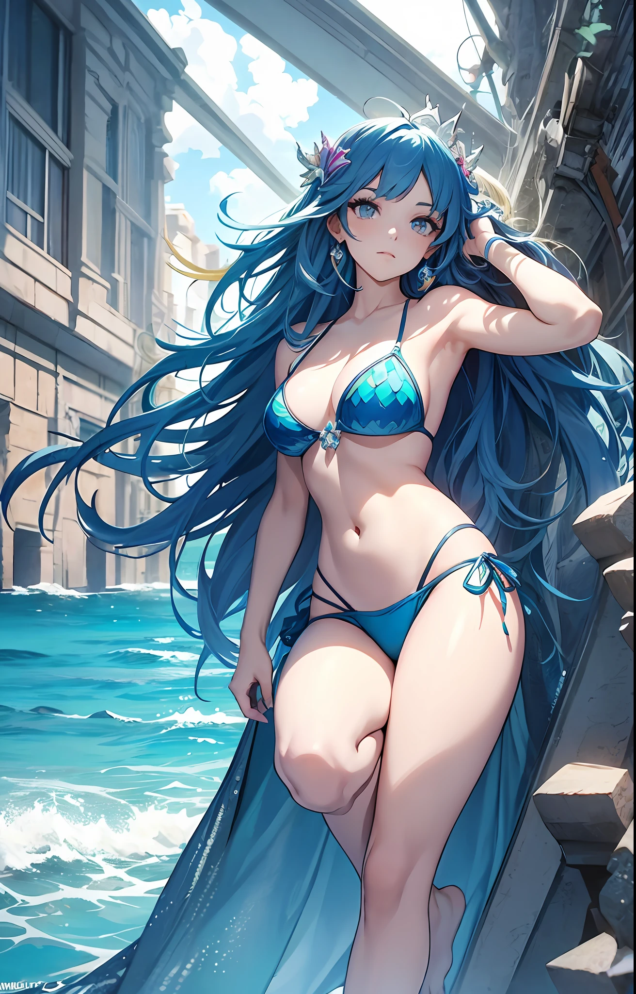 best qualityer,tmasterpiece,Ultimate resolution,downy,Extremely colorful,Colorful,Mermaid princess,cabellos largos dorados,a matural female,blue bikini,The kinky is exposed,The barefoot,the ocean,Normal posture