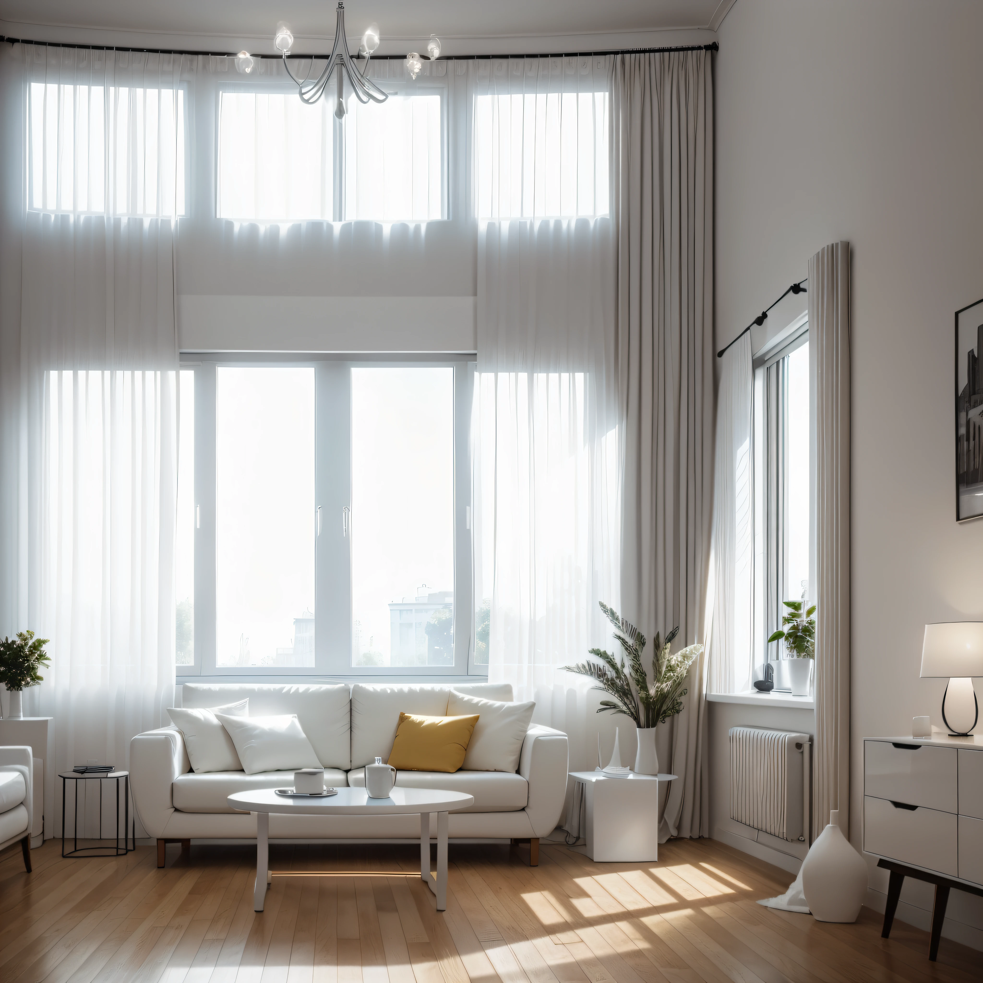modern living room, white furniture, Soft evening light streams through the windows, God Ray, UHD, retinas, super detailing, high high quality, A high resolution, 16k