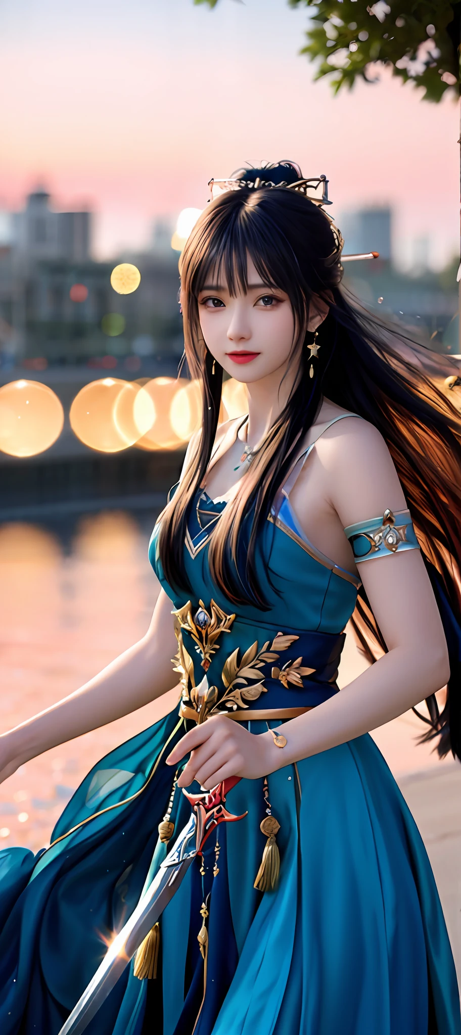 realisticity: 1.2), best quality, masterpiece, highres, cg, 1girl, weapon, sword, long hair, dress, water, solo, jewelry, blue dress, earrings, hair ornament, splashing, upper body super realistis, hair bun, blue and pink hair, city backgraun realistis, lighting,candid, Photograph, high resolution, 4k, 8k, Bokeh,