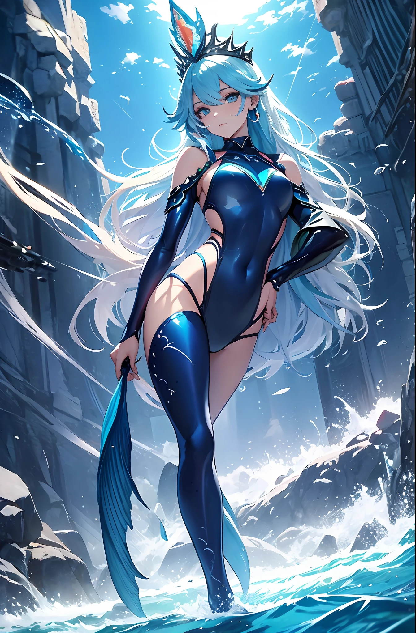 best qualityer,tmasterpiece,Ultimate resolution,downy,Extremely colorful,Colorful,Mermaid princess,cabellos largos dorados,a matural female,blue bikini,The kinky is exposed,The barefoot,the ocean,blue skinsuit,Normal posture