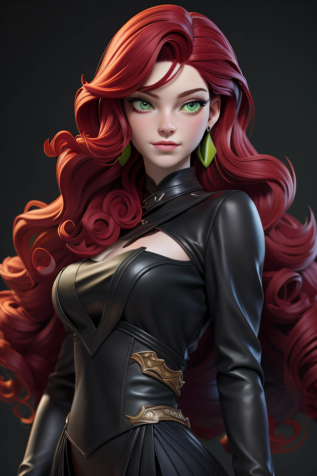 masterpiece, best quality, 1 girl, lime green eyes, pale skin, wine red hair, long hair, black earrings, jewelry, black clothes, simple background, solo, upper body, curly hair