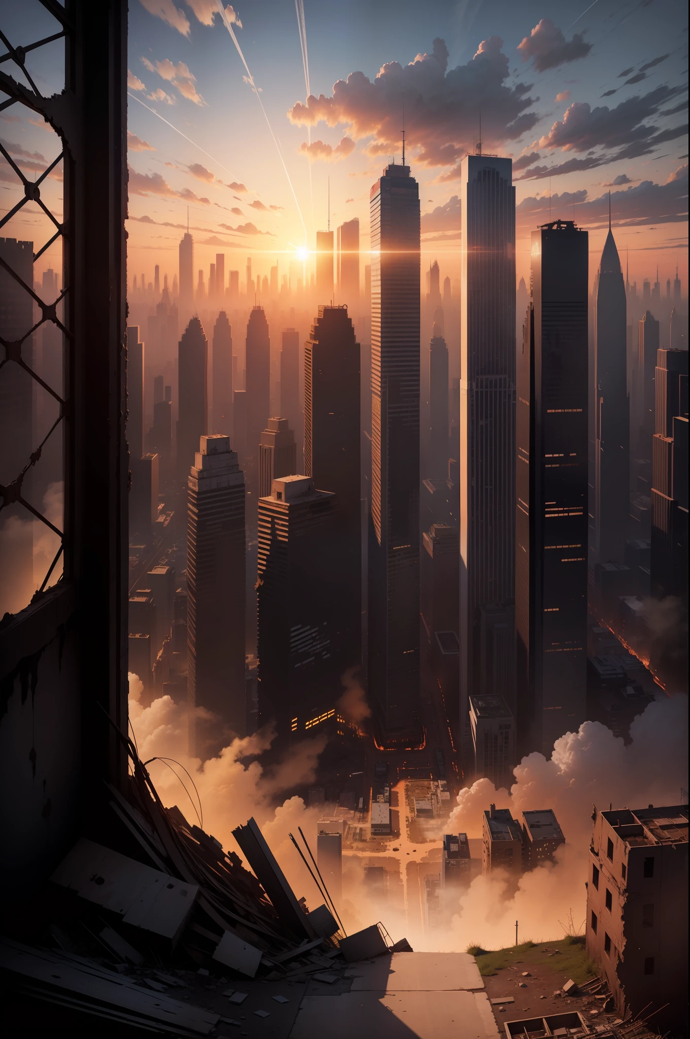 A ruined cityscape, with the sun setting in the background