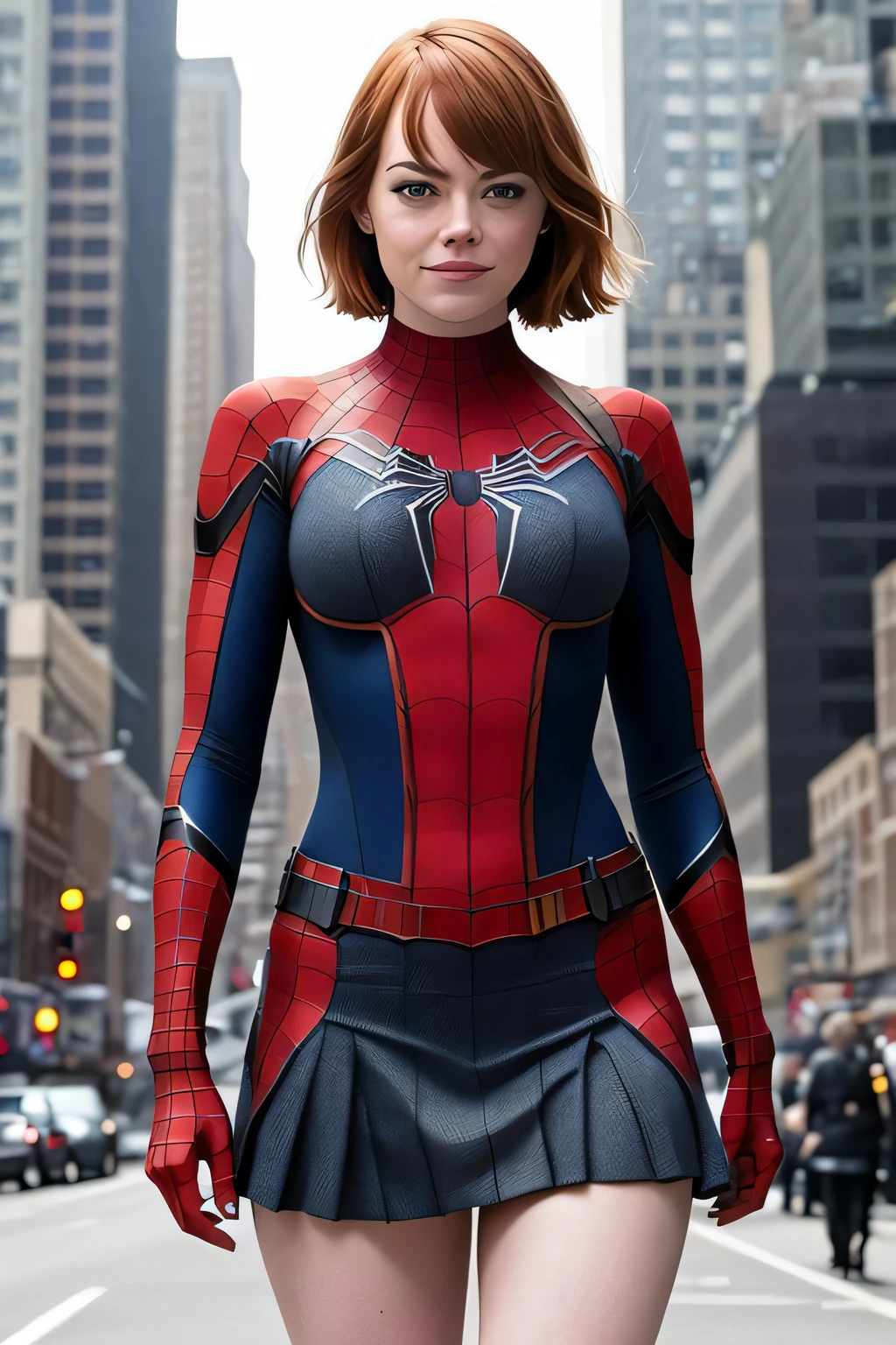 Emma Stone in a spider-man suit, 30 years old, (mini skirt:1.1), sexy, short hair with bangs, belt, deep neckline, cheeky smile, in new york, shot on dslr, detailed face, big hips, amazing body, amazing legs, cinematography, maximum details, neutral colors, hdr, muted colors, soft cinematic light, insane details, intricate details, hyperdetailed