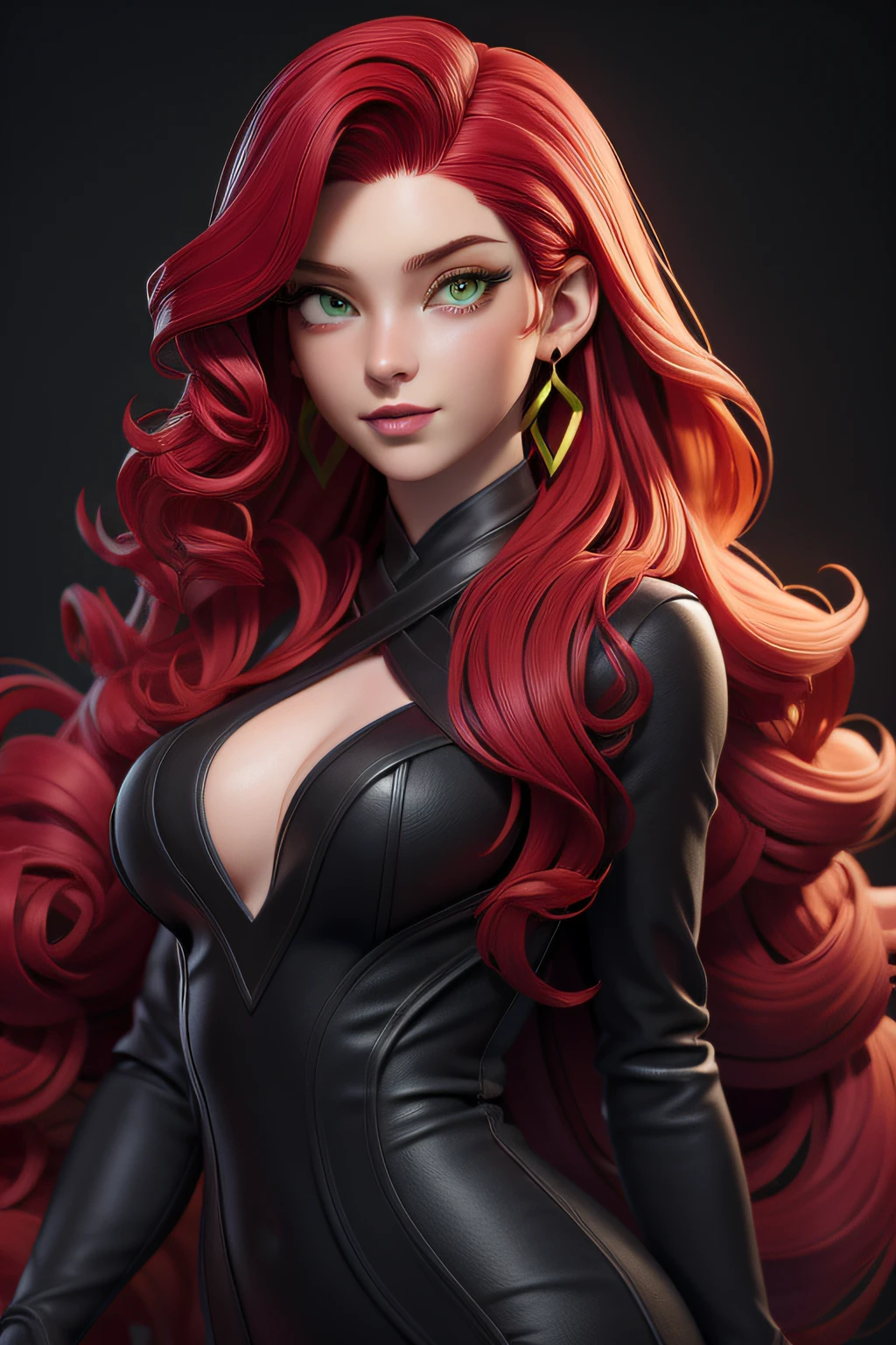 masterpiece, best quality, 1 girl, lime green eyes, pale skin, wine red hair, long hair, black earrings, jewelry, black clothes, simple background, solo, upper body, curly hair