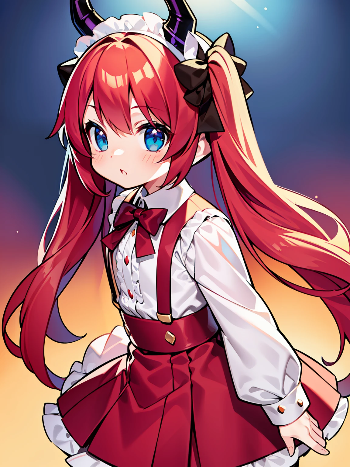 {{best quality}}, {{masterpiece}}, {{ultra-detailed}}, {illustration}, {detailed light}, red hair,blue eyes,twintails,ta,Suspenders skirt,Fantastic,lolio,Dragon horns,little gir