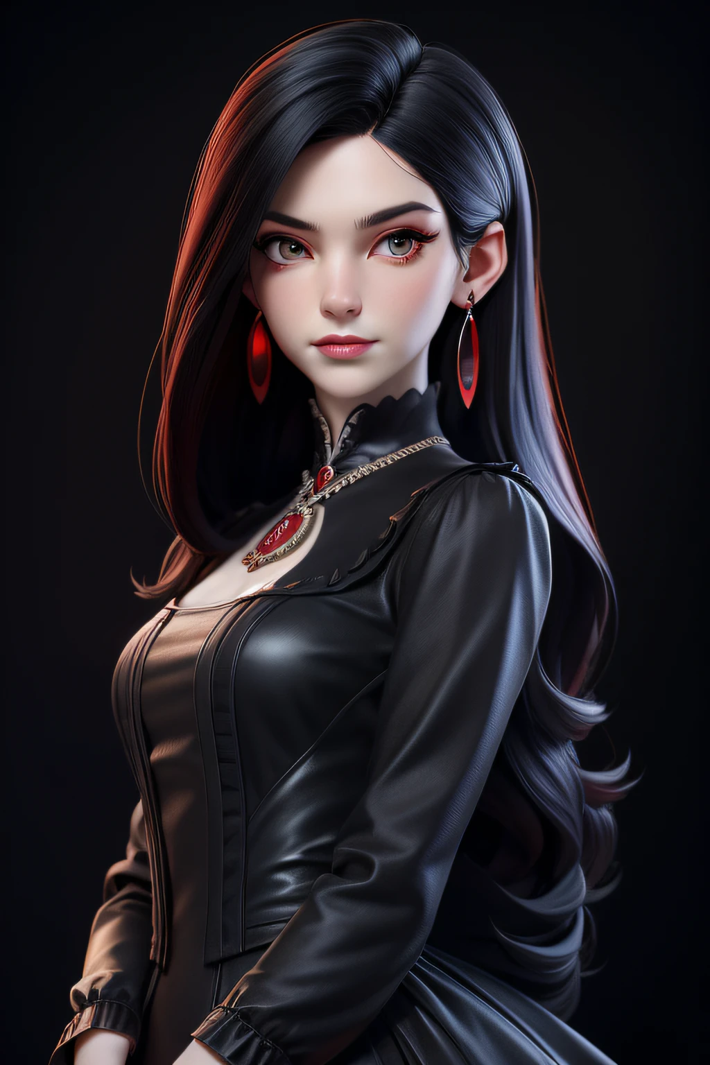 masterpiece, best quality, 1 girl, red cat eyes, pale skin, black hair, long hair, earrings, victorian dress, jewelry, black dress, simple background, solo, upper body, straight hair