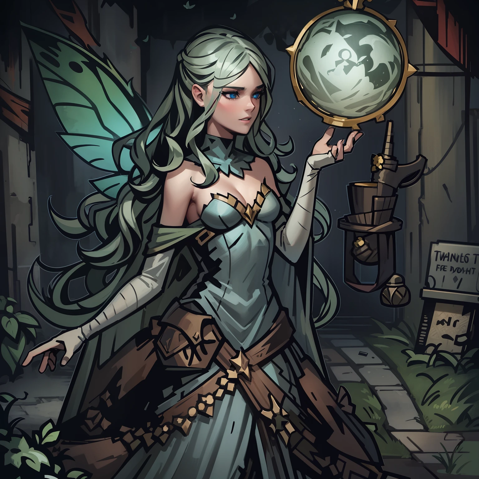 Darkest dungeon style, enchanted fairy, wavy hair, delicate appearance
