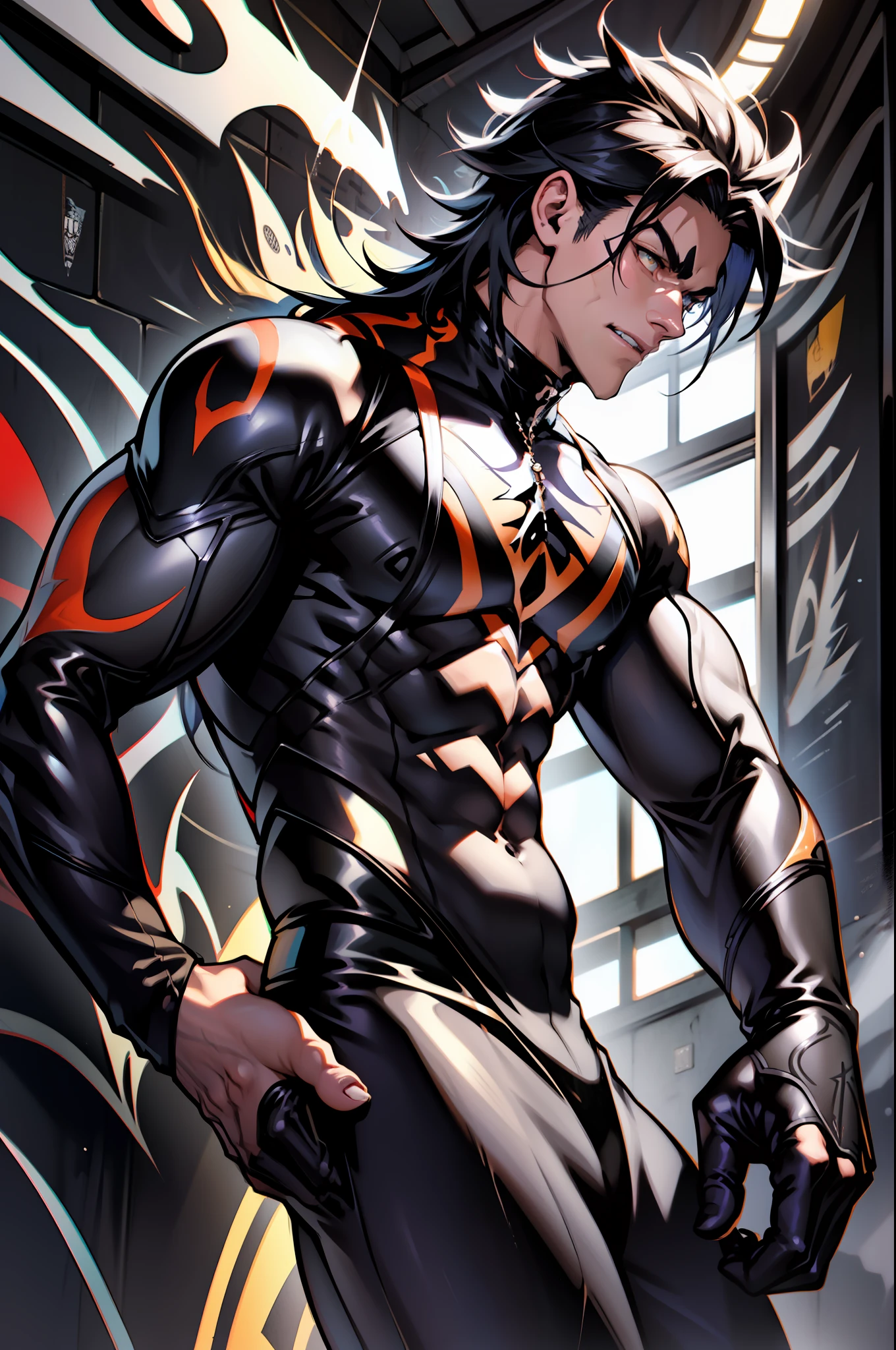 《the original god》Arataki Kazuto , male people, chest muscle, Sexy , Venom symbiote for your body, Black mucus of the body , into venom, venomize,Black bodysuit,Abs,apathy,(Adult male)((Venom possession,venom symbiote)),((Masterpiece)), ((Best quality)), Ultra detailed,((illustration)), Dynamic Angle, Detailed light, (Delicate eyes), Floating, 1boy, Male focus, Head, Clothing, Yellow eyes, necklace, tattoo, (Forehead:0.8), (ahoge:0.8), jewelry, whaite hair,apathy,Ray, chest muscle, Sexy , Venom symbiote for your body, Black mucus of the body , (into venom), Venom,frontage,Bust photo,White tight-fitting top,spiderman outfit,style of anime4 K, 4K anime wallpaper, Badass anime 8 K, 4 k comic wallpaper, young anime man, Anime boys, Anime wallpapers 4 k, Anime wallpaper 4K, High quality anime art style, Anime moe art style, Anime art wallpaper 8 K, Anime art wallpaper 4 K, RGB lighting,