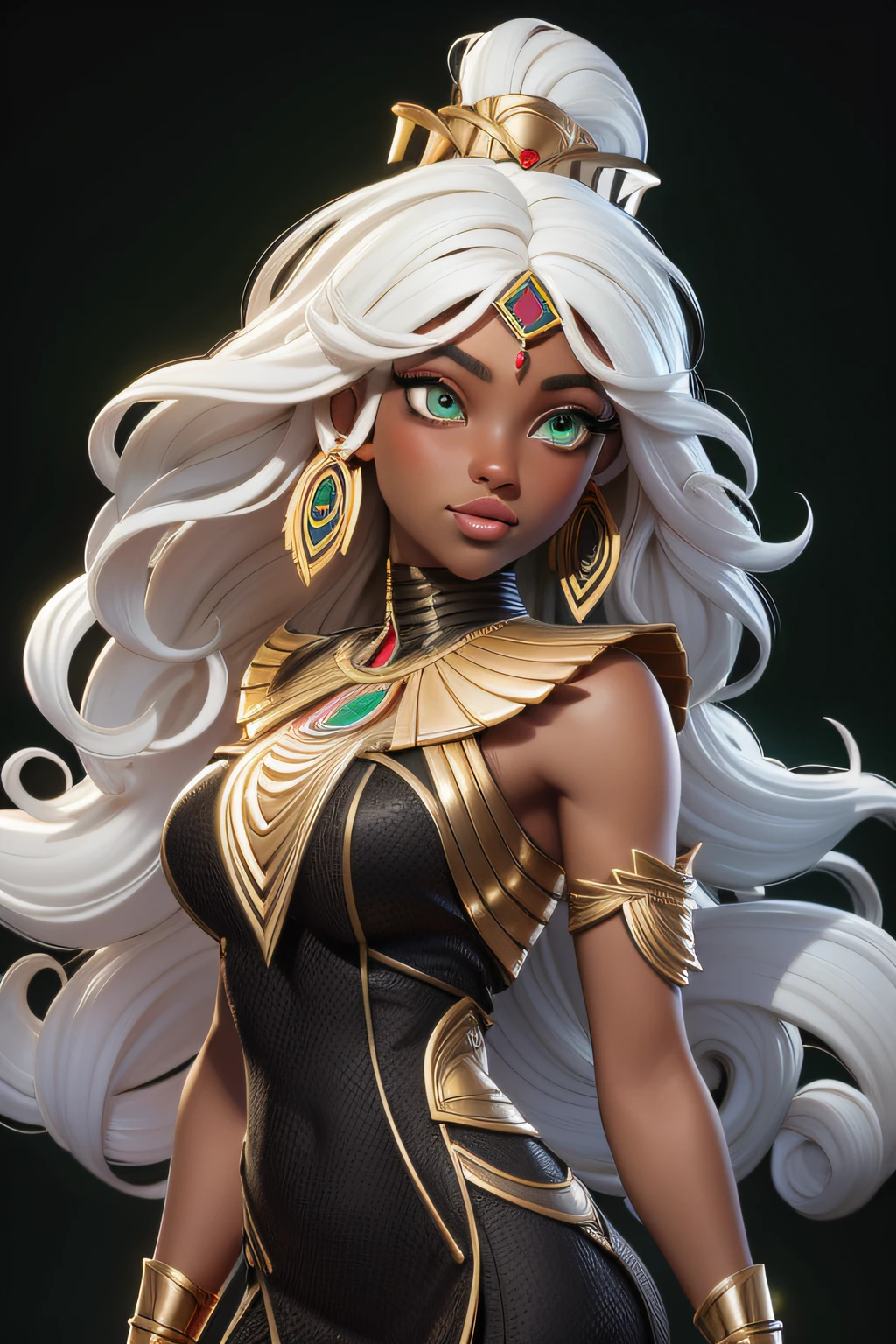 masterpiece, best quality, 1 girl, lime green eyes, dark skin, white hair, long hair, gold earrings, egyptian, jewelry, black dress, simple background, solo, upper body, curly hair