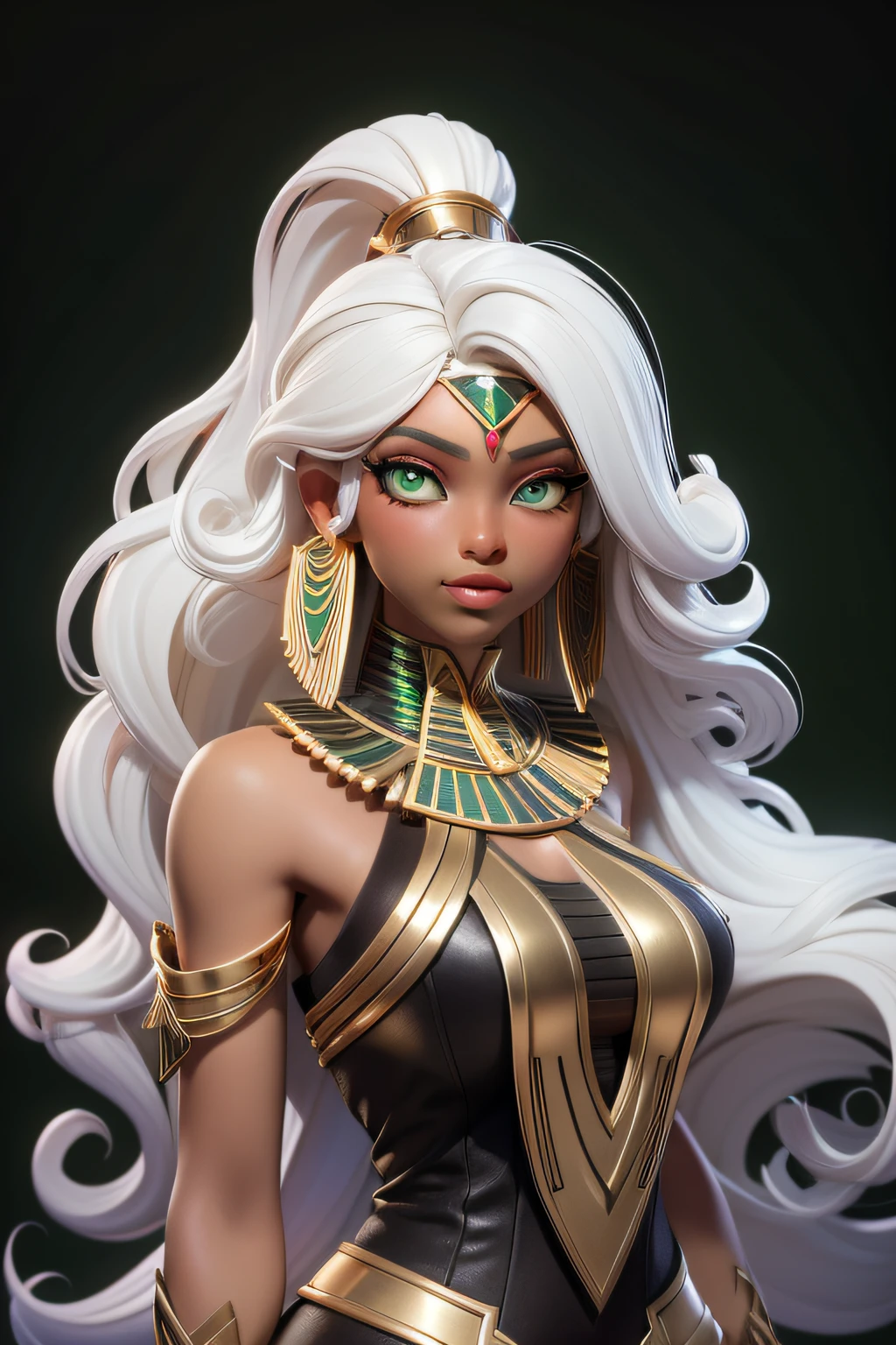 masterpiece, best quality, 1 girl, lime green eyes, dark skin, white hair, long hair, gold earrings, egyptian, jewelry, black dress, simple background, solo, upper body, curly hair