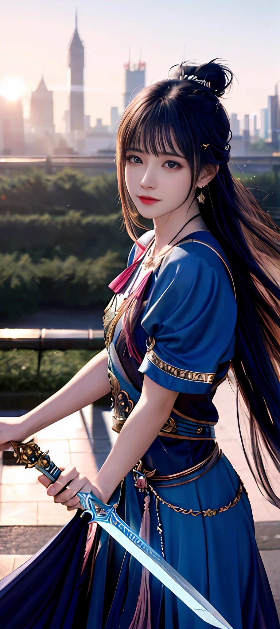 realisticity: 1.2), best quality, masterpiece, highres, cg, 1girl, weapon, sword, long hair, dress, water, solo, jewelry, blue dress, earrings, hair ornament, splashing, upper body super realistis, hair bun, blue and pink hair, city backgraun realistis, lighting,candid, Photograph, high resolution, 4k, 8k, Bokeh,