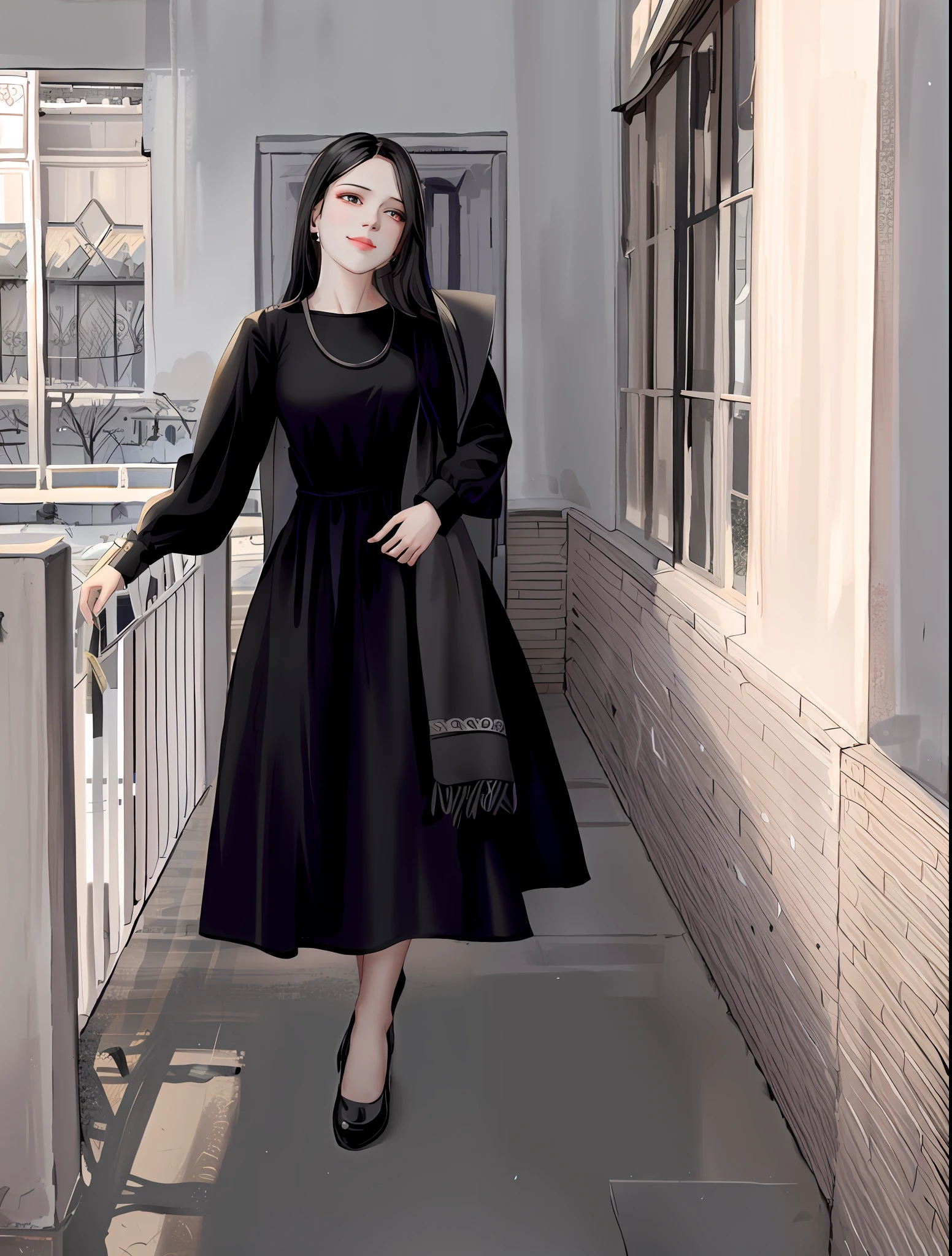 araffe woman in black dress and scarf standing on a balcony, wearing black old dress and hat, traditional dress, long dress female, ao dai, black, with black, she is wearing a black dress, traditional, georgian dress, dark black long dress, russian clothes, idian dress, traditional clothes, dress, an elegant woman in black dress, cute smile, look in a camera