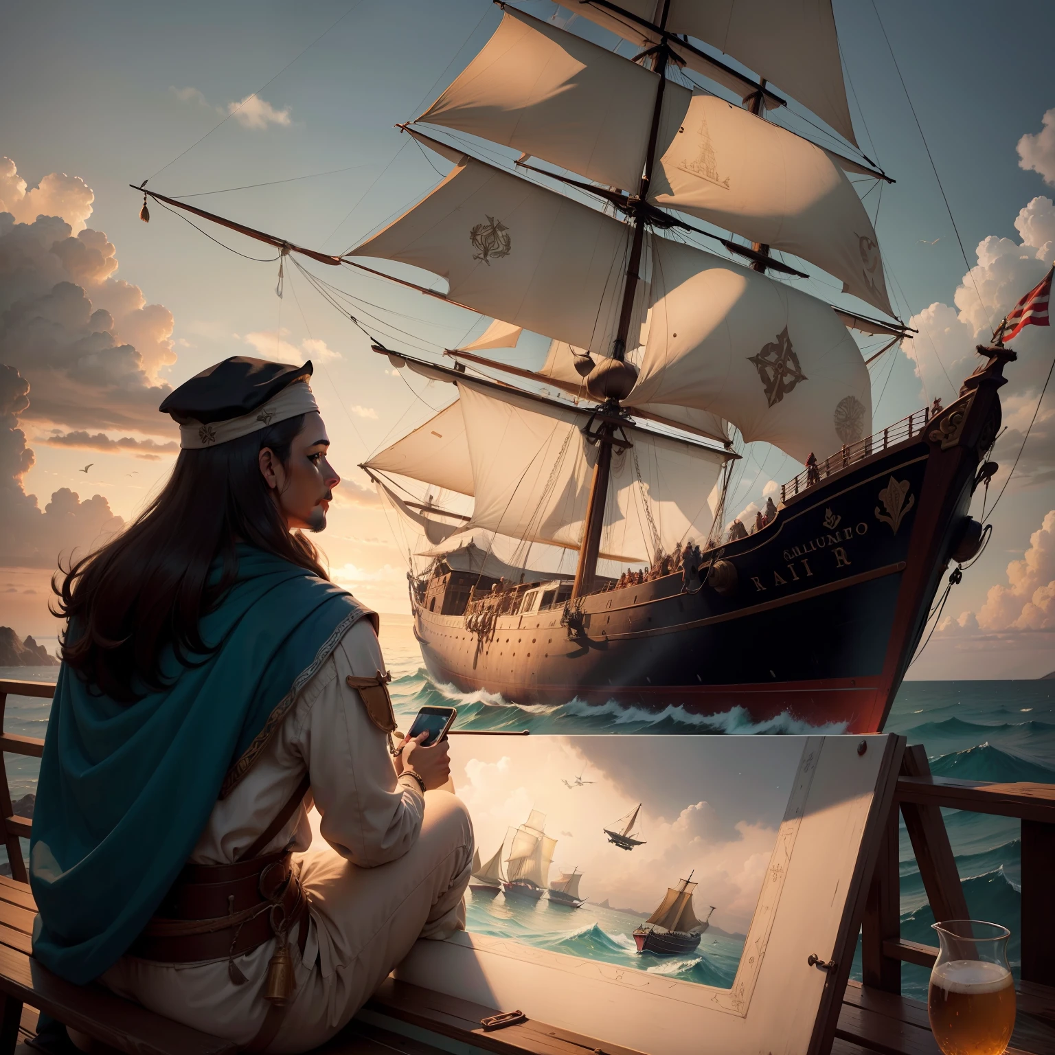 A painting from the time of Christopher Columbus could depict a maritime setting with the Genoese navigator and his crew aboard his caravels, como a Santa Maria, - The Pint and the Girl, preparing for his historic voyage of discovery in 1492.
Na pintura, we would see the vast and imposing sea around the vessels, with open skies and possibly some clouds. Colombo estaria posicionado na proa da caravela principal, observando a distante linha do horizonte, full of determination and hope. His crew would be busy with preparations for the journey, hoisting candles and preparing to face the unknown.
O ambiente ao redor poderia incluir outros marinheiros, cartographers and navigational instruments of the time, emphasizing the challenge and boldness of this expedition. It could also show elements of the indigenous cultures of the time, since Columbus would eventually reach unknown lands in the Americas.
This painting from the time of Christopher Columbus would seek to capture the adventurous spirit of the time of discovery and honor the historical significance of this voyage that altered the course of history.