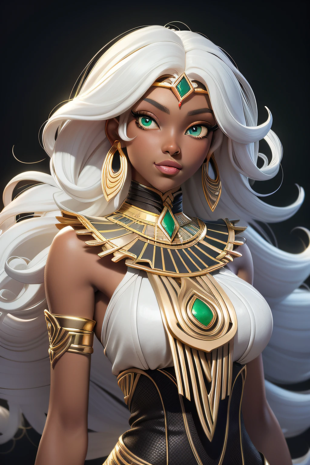 masterpiece, best quality, 1 girl, lime green eyes, dark skin, white hair, long hair, gold earrings, egyptian, jewelry, black dress, simple background, solo, upper body, curly hair