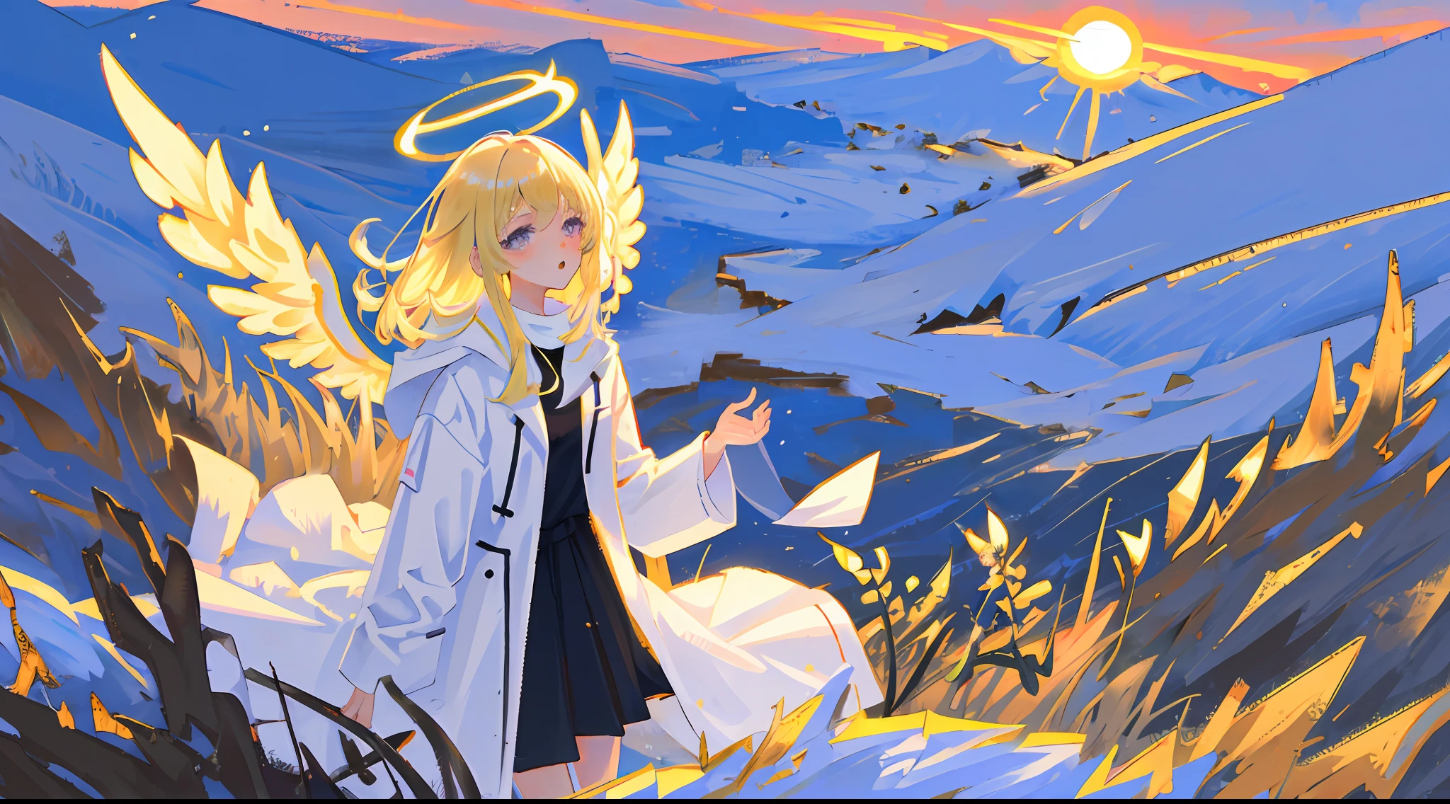 "Create a masterpiece with the best quality illustration featuring a captivating blonde-haired girl in a white coat. She should have medium-length hair, purple eyes, and an angel halo. The scene is set outdoors during golden hour, with the girl looking directly at the viewer."