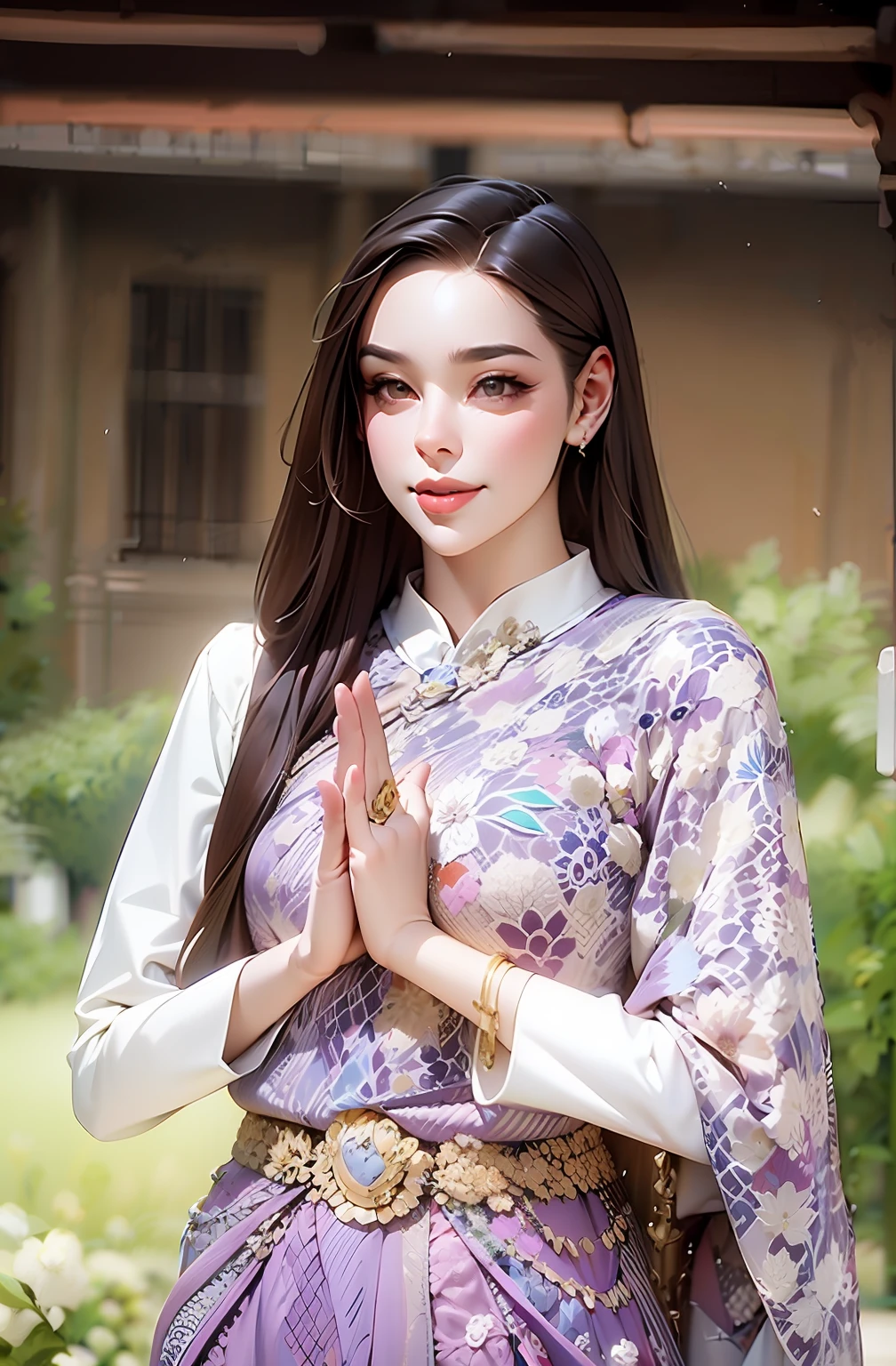 a woman in a purple dress is standing outside, in style of lam manh, patiphan sottiwilaiphong, nivanh chanthara, sukhothai costume, dilraba dilmurat, purple and white thich cloak, patiphan sottiwilai, in style of thawan duchanee, wearing ornate silk clothes