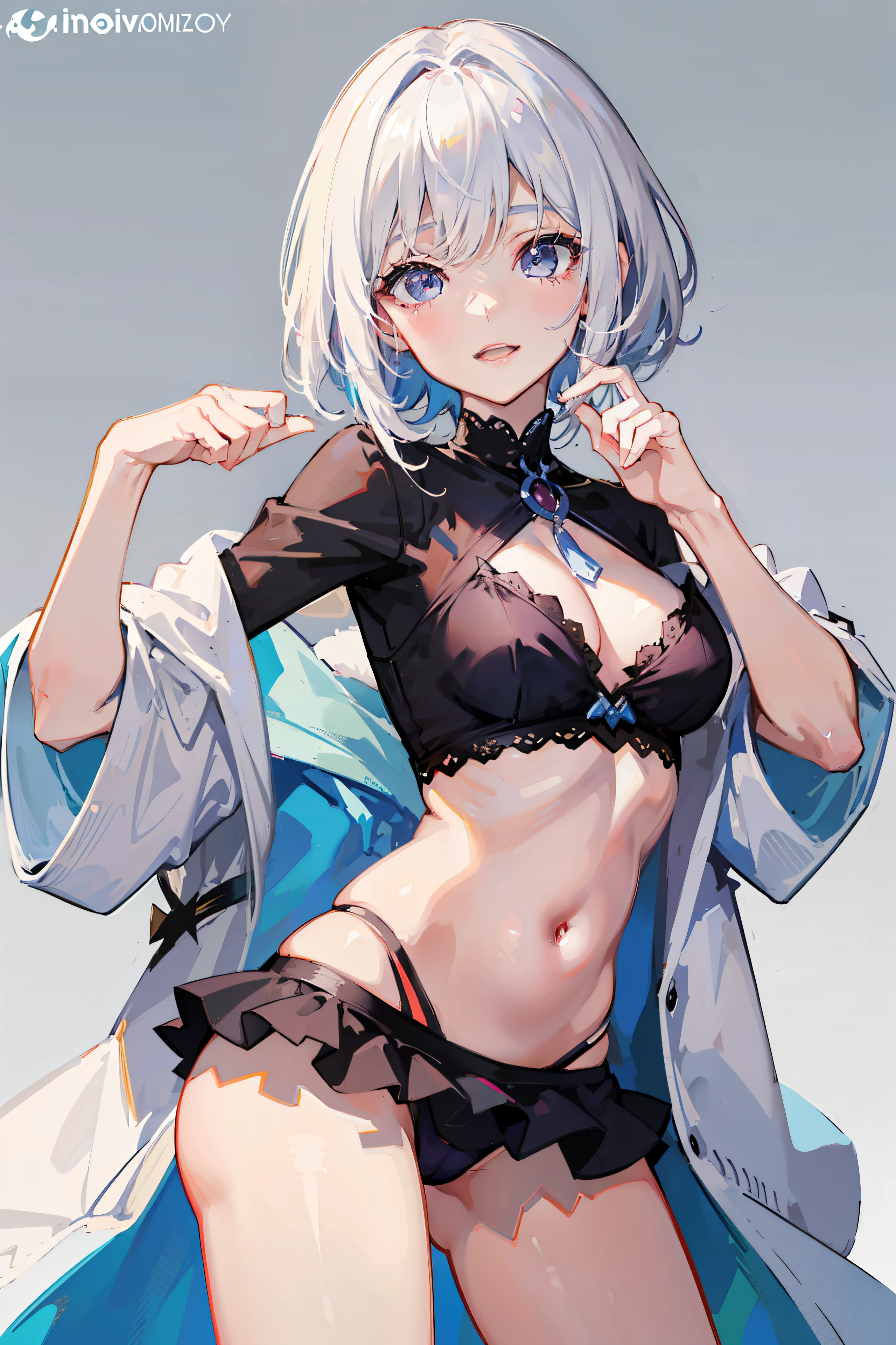 an anime girl、cute 、White hair、best anime 4k konachan wallpaper, anime style 4 k、Trending on ArtStation pixiv, A sexy、A smile、View between legs、face perfect、Clothes with a thin stomach, Beautiful face, extremely detailed cute anime face