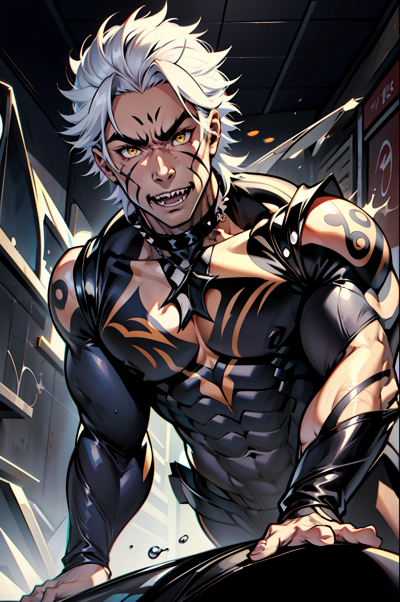《the original god》Arataki Kazuto , male people, chest muscle, Sexy , Venom symbiote for your body, Black mucus of the body , into venom, venomize,Black bodysuit,Abs,apathy,(Adult male),((Venom possession,venom symbiote)),((Masterpiece)), ((Best quality)), Ultra detailed,((illustration)), Dynamic Angle, Detailed light, (Delicate eyes), Floating, 1boy, Male focus, Head, Clothing, Yellow eyes, necklace, tattoo, (Forehead:0.8), (ahoge:0.8), jewelry, whaite hair,apathy,Ray, chest muscle, Sexy , Venom symbiote for your body, Black mucus of the body , (into venom), Venom,frontage,Bust photo,White tight-fitting top,spiderman outfit,style of anime4 K, 4K anime wallpaper, Badass anime 8 K, 4 k comic wallpaper, young anime man, Anime boys, Anime wallpapers 4 k, Anime wallpaper 4K, High quality anime art style, Anime moe art style, Anime art wallpaper 8 K, Anime art wallpaper 4 K, RGB lighting,