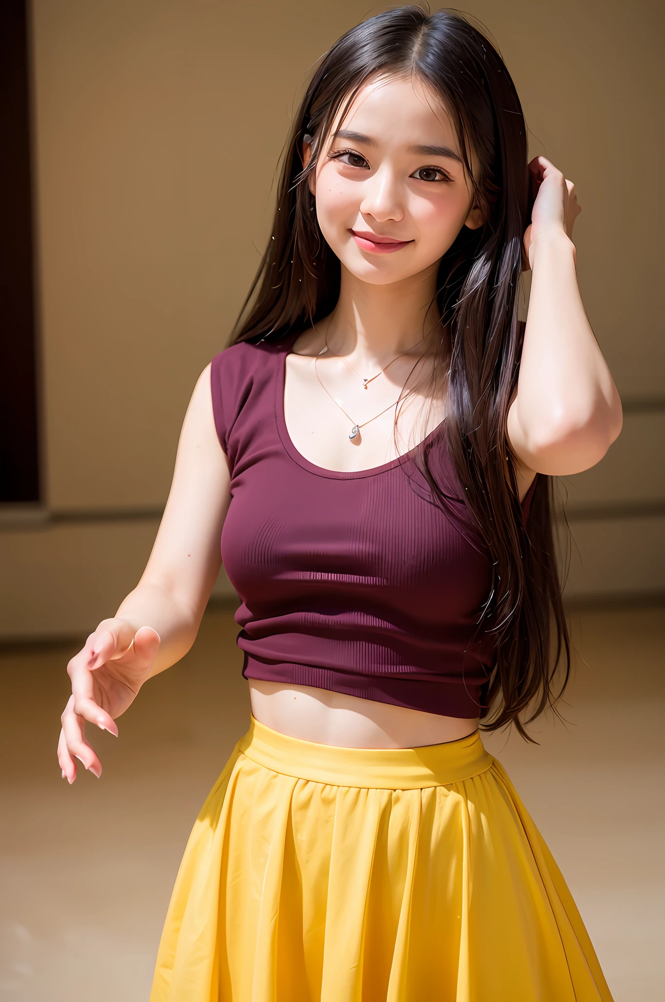 (8K、Raw photography、Photorealsitic:1.25)、1little girl、(18 year old woman with beautiful perfect face、Expressing the joy of dancing with facial expressions, Poses, and color)、lipgloss、long lashes、Beautiful expression、shiny bare skin、top-quality、超A high resolution、Tank Tops、a miniskirt、Photograph the whole body