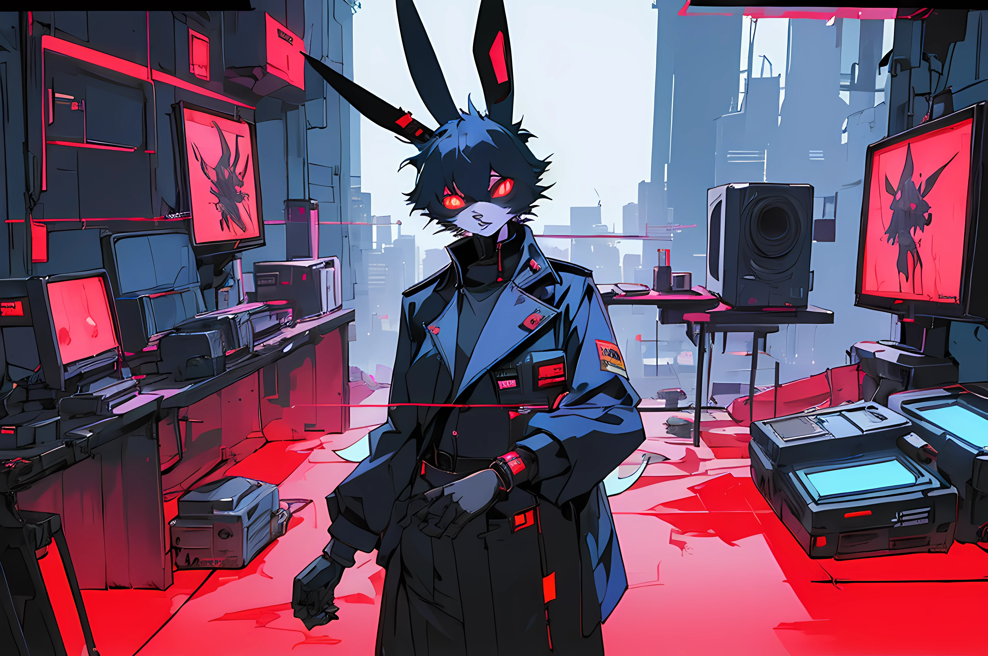 (((cyberpunk bleak bleak bleak dark black black black bleak gray))), vampire hunter d rabbit, (vintage vhs), (crt screenshot), (((dark scene))), (((dark cloudy scene))), (((angel's egg anime))), (((serial experiments lain anime))), (((dystopian basement scene))), (((unlit nighttime scene))), (((dark abandoned cyberpunk glowing screens lab house))), (((solemn black anthro kemono furry rabbit kommisar officer fighter with uniform and tall bunny ears exploring old computer screens))), (((cyberpunk dystopian headquarters filled with glowing computer monitors and red screens))), anime black rabbit man character with futuristic hair and piercing glowing eyes and tall bunny ears commander, anime art, anime aesthetic, (((old electronics in background cel art))), kemono anime rabbit man, wearing cybernetic bunny ears, angry male fighter --v6