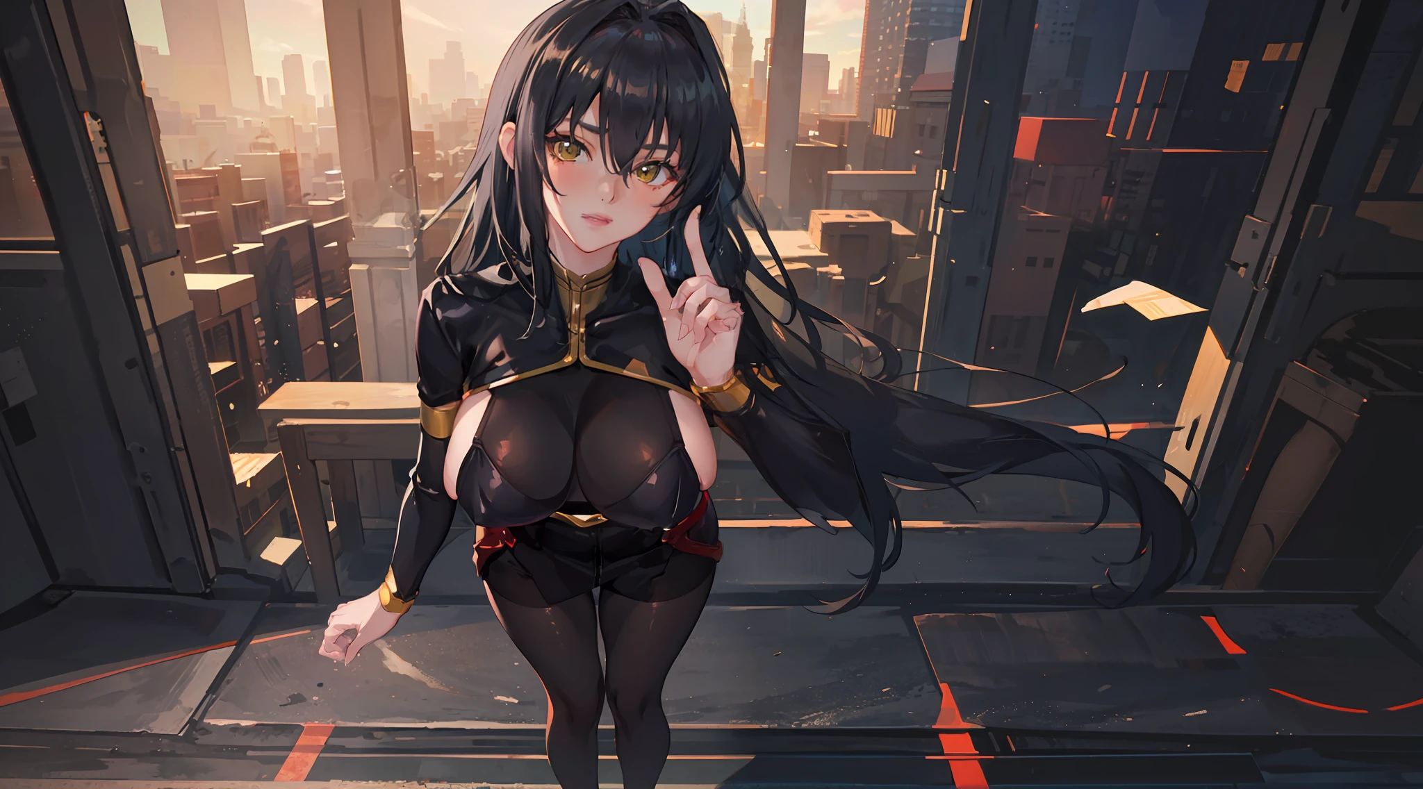 professional artwork, Intricate Details, field of view, sharp focus, detailed painting, photorealistic lighting, trending on pixiv, Standing at attention, black outfit ,yellow collared shirt,black and red bodysuit,skin_tight,black legwear, black pantyhose, Side_boob, black hair,very long hair, Bangs,yellow eyes,makeup, lipstick, 20yo,mature female,Beautiful Finger,Beautiful long legs,Beautiful body,Beautiful Nose,Beautiful character design, perfect eyes, perfect face, looking at viewer, NSFW,official art,extremely detailed CG unity 8k wallpaper, perfect lighting,Colorful, Bright_Front_face_Lighting, (masterpiece:1.0),(best_quality:1.0), ultra high res,4K,ultra-detailed, photography, 8K, HDR, highres, absurdres:1.2, Kodak portra 400, film grain, blurry background, bokeh:1.2, lens flare, (vibrant_color:1.2) (Beautiful,large_Breasts:1.4), (beautiful_face:1.5),(narrow_waist), (solo:1.4), ((landscape dimension)), annerose, classroom