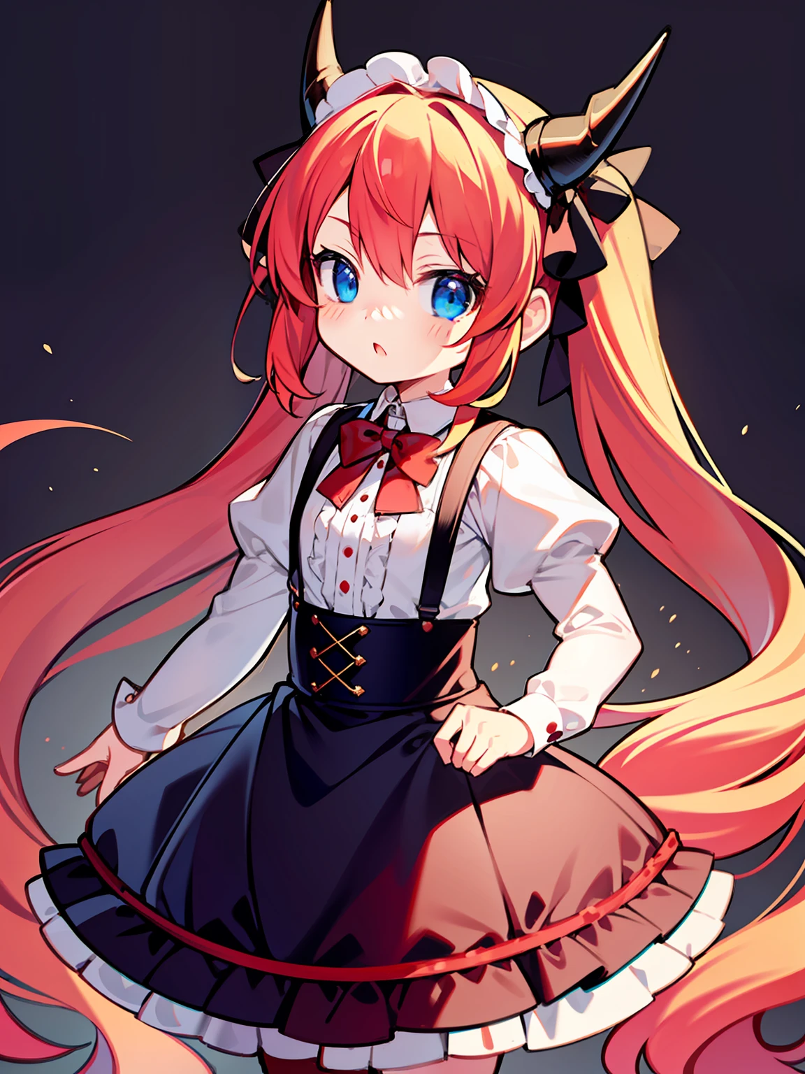 {{best quality}}, {{masterpiece}}, {{ultra-detailed}}, {illustration}, {detailed light}, red hair,blue eyes,twintails,lolita,Suspenders skirt,Fantastic,loli,solo,Dragon horns,little girl,long hair