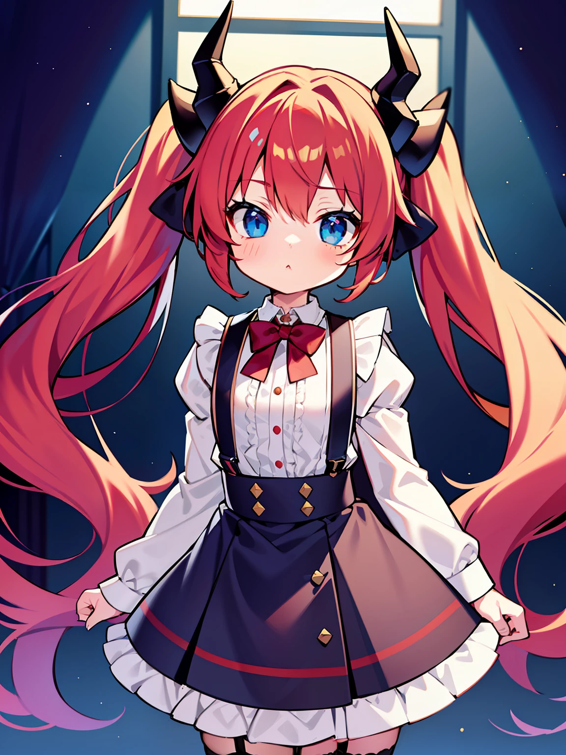 {{best quality}}, {{masterpiece}}, {{ultra-detailed}}, {illustration}, {detailed light}, red hair,blue eyes,twintails,ta,Suspenders skirt,Fantastic,lolio,Dragon horns,little gir