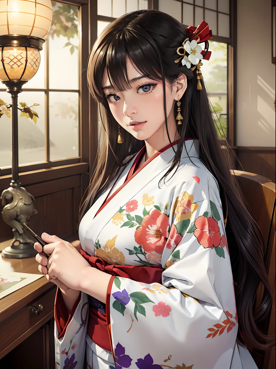 Master Pieces,hyper quality, Hyper Detailed,Perfect drawing,独奏、Beauty in the world、Komono、Japanese dress、Black-haired、Japanese hair、Colorful Japan kimono、Nishijin Ori、Delicate and smart eyes、Half-open lips、sidelong glance、Graceful、Gorgeous、Beautiful、red blush(0.2)、Dazzling、Stunning、Gorgeous、Gentle、Shunguang、natural soft light、Flowers and Birds Fugetsu、traditional Japanese room、Accurate drawing、Detailed drawing