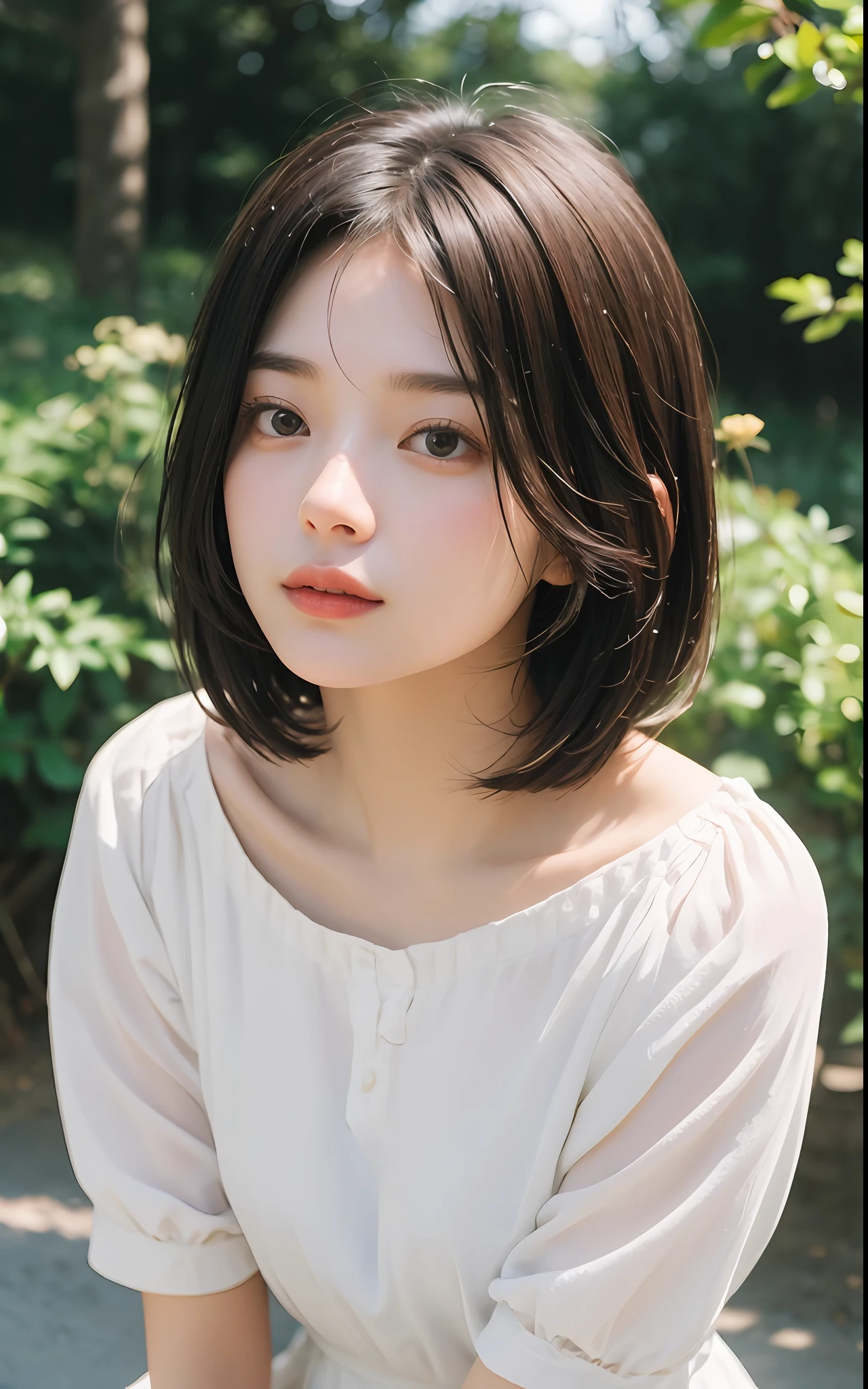 ((top-quality、​masterpiece))、Raw photography、8K、top-quality、 超A high resolution、Beautiful face in every detail、Realistic human skin、Gentle expression、front-facing view、Farbe々From an angle、(shorth hair:1.5)、realisitic、Photorealsitic、cute little、夏天、a park、White Dress、