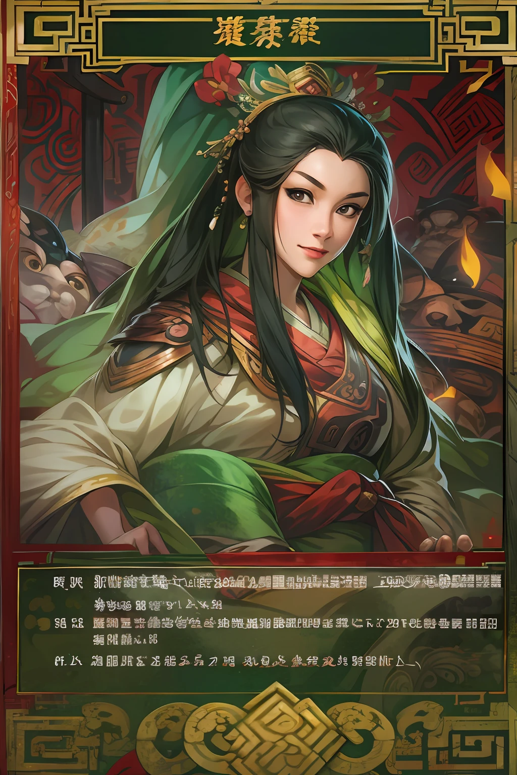 Card design、Below is the UI text box，1female，three kingdom:1.2，Ancient Chinese background，A meticulous face，Clear face，beautidful eyes，Three Kingdoms killing background、对称，High picture quality，tmasterpiece，best qualtiy，超高分辨率