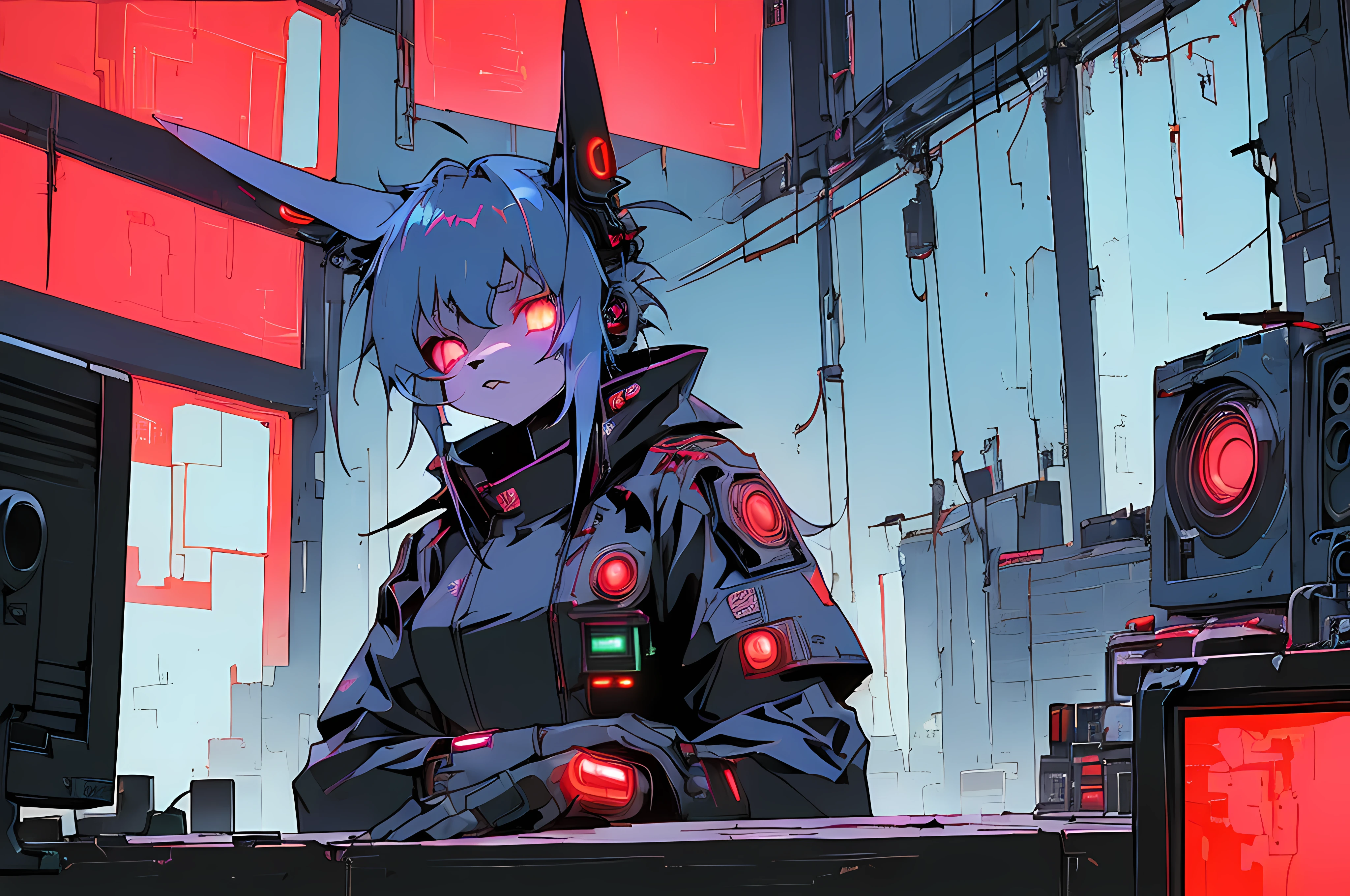 (((cyberpunk bleak bleak bleak dark black black black bleak gray))), (vintage vhs), (crt screenshot), (((dark scene))), (((dark cloudy scene))), (((angel's egg anime))), (((serial experiments lain anime))), (((dystopian basement scene))), (((unlit nighttime scene))), (((dark abandoned cyberpunk glowing screens lab house))), (((solemn black anthro kemono furry rabbit kommisar gestapo officer fighter with uniform and tall bunny ears exploring old computer screens))), (((cyberpunk dystopian headquarters filled with glowing computer monitors and red screens))), anime black rabbit gestapo with futuristic hair and piercing glowing eyes and tall bunny ears commander, anime art, anime aesthetic, (((old electronics in background cel art))), kemono anime rabbit man, wearing cybernetic bunny ears, angry male fighter --v6