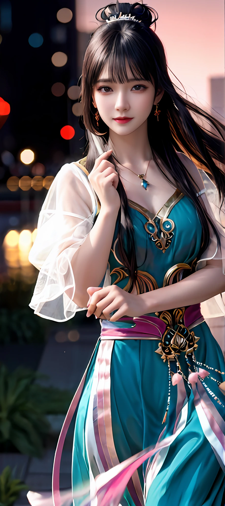 realisticity: 1.2), best quality, masterpiece, highres, cg, 1girl, weapon, sword, long hair, dress, water, solo, jewelry, blue dress, earrings, hair ornament, splashing, upper body super realistis, hair bun, blue and pink hair, city backgraun realistis, lighting,candid, Photograph, high resolution, 4k, 8k, Bokeh,