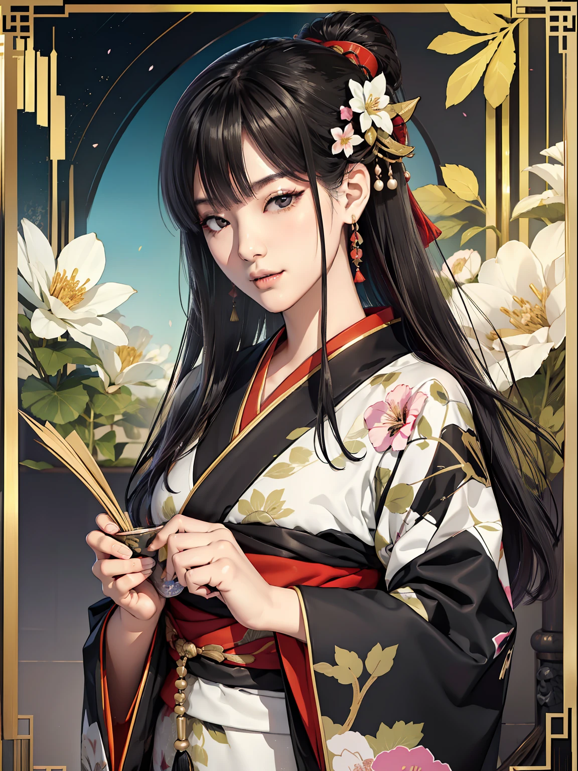 Mature girl、Long Black Hair、A slight smile、Black-haired、Colorful Japan kimono、Nishijin Ori、Delicate and smart eyes、intricate damask hanfu、Luxury accessories、FOV、F1.8、masterpiece、complex scenes、flower petals flying、Diagonal portrait shot、