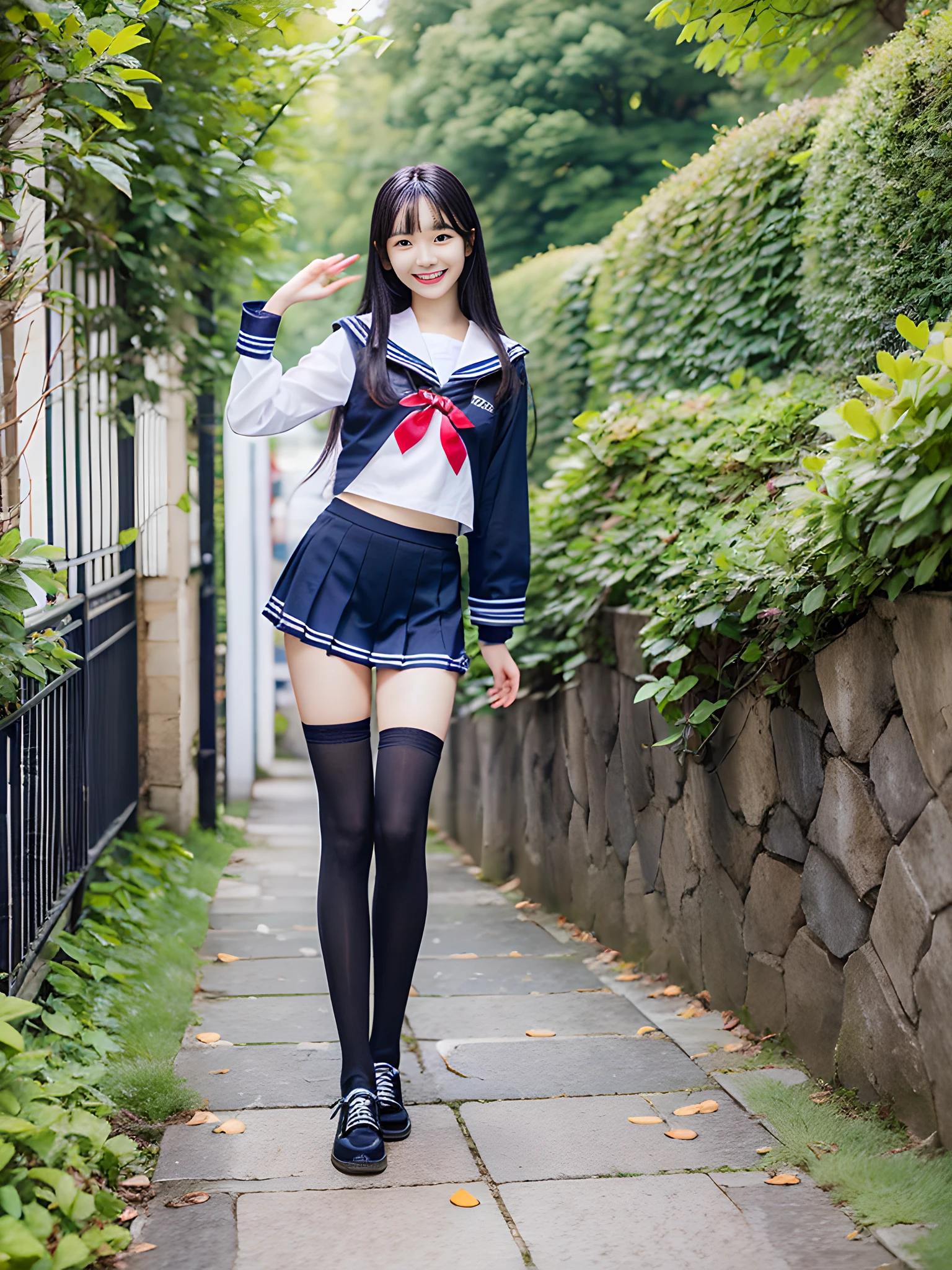 1girl, Cute, black-haired, , Smile, Looks pure, Sailor Suit, Photography, Realistic, Best Quality, Detailed face, Full body, slender, Slender legs, Long legs, Wearing thigh-high socks, shoes on