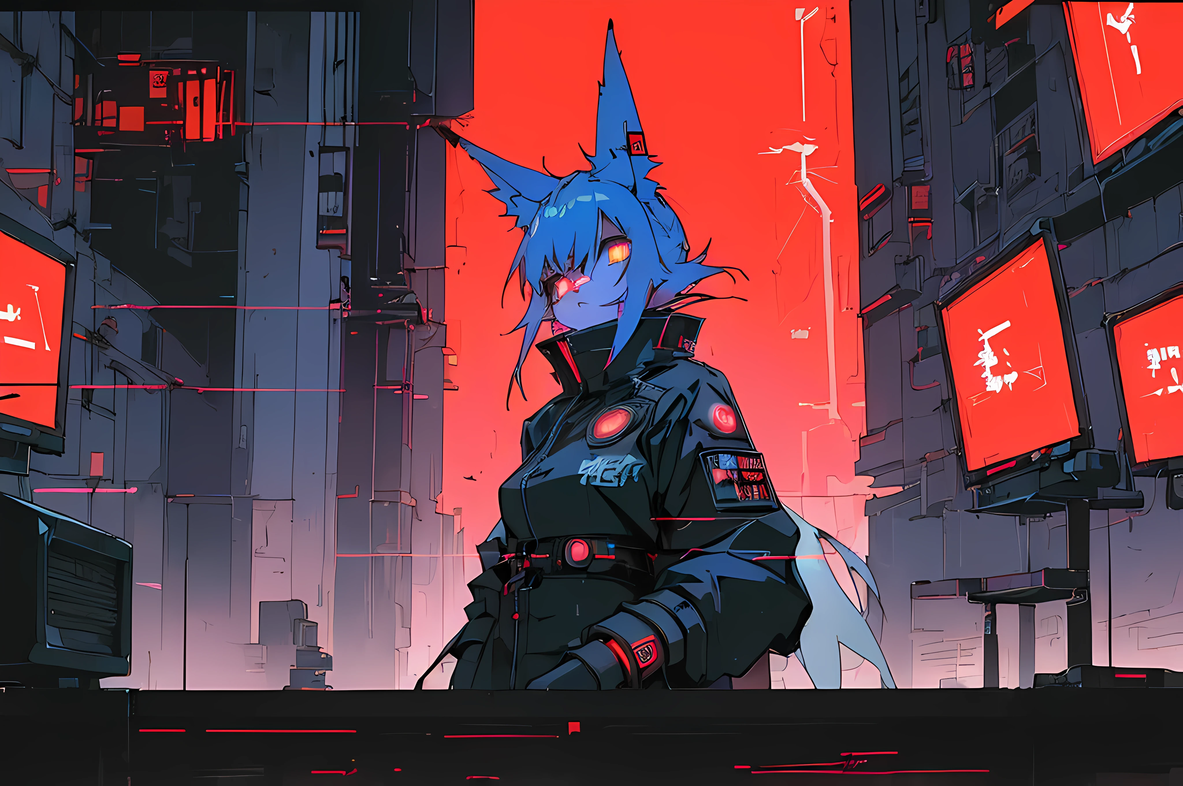 (((cyberpunk bleak bleak bleak dark black black black bleak gray))), (vintage vhs), (crt screenshot), (((dark scene))), (((dark cloudy scene))), (((angel's egg anime))), (((serial experiments lain anime))), (((dystopian basement scene))), (((unlit nighttime scene))), (((dark abandoned cyberpunk glowing screens lab house))), (((solemn black anthro kemono furry rabbit kommisar gestapo officer fighter with uniform and tall bunny ears exploring old computer screens))), (((cyberpunk dystopian headquarters filled with glowing computer monitors and red screens))), anime black rabbit gestapo with futuristic hair and piercing glowing eyes and tall bunny ears commander, anime art, anime aesthetic, (((old electronics in background cel art))), kemono anime rabbit man, wearing cybernetic bunny ears, angry male fighter --v6