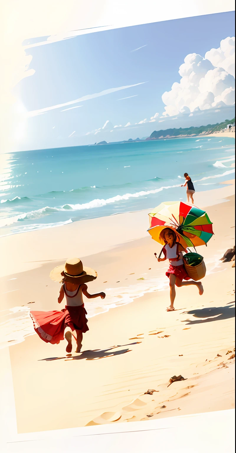 frontage，of a guy, A little girl，The little girl ran to the watermelon，playing at the beach，Parasols in the distance，