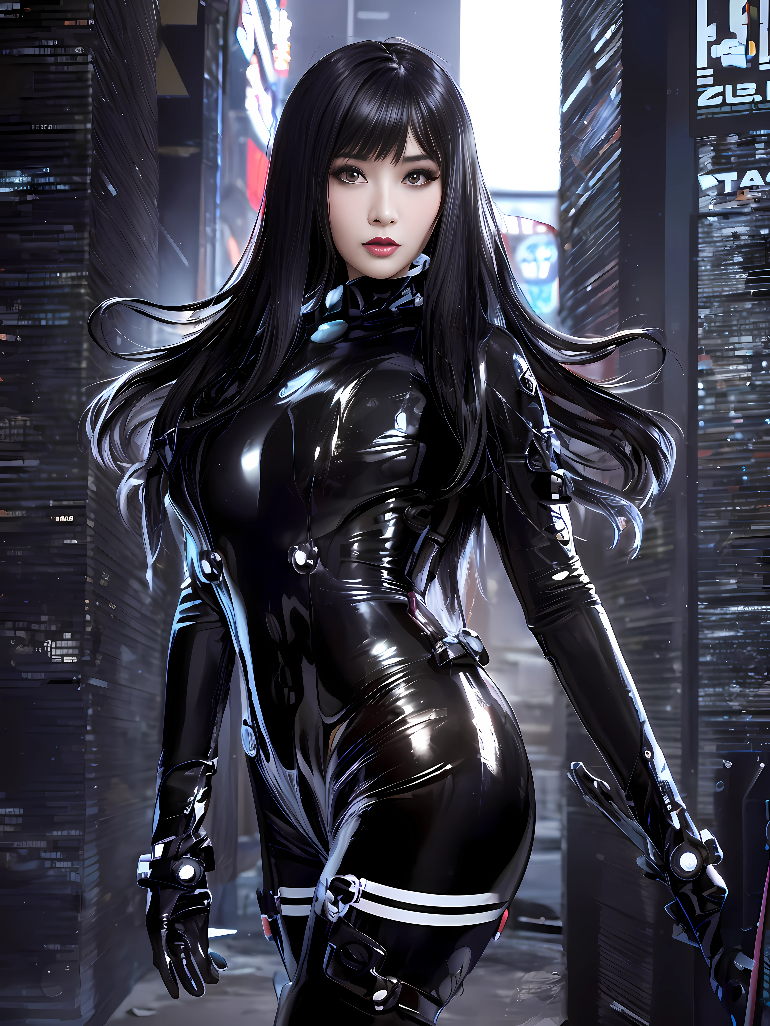 a close up of a woman in a black latex outfit, Night urban battle background，The fire burst into the sky，Sparks fly，cyberpunk glossy latex suit, iu lee ji-eun as a super villain, gantz, female cyberpunk anime girl, futuristic glossy latex suit, styled like ghost in the shell, park shin hye as a super villain, diverse cybersuits, movie poster character, an oppai cyberpunk, cyber suit, cyber suit