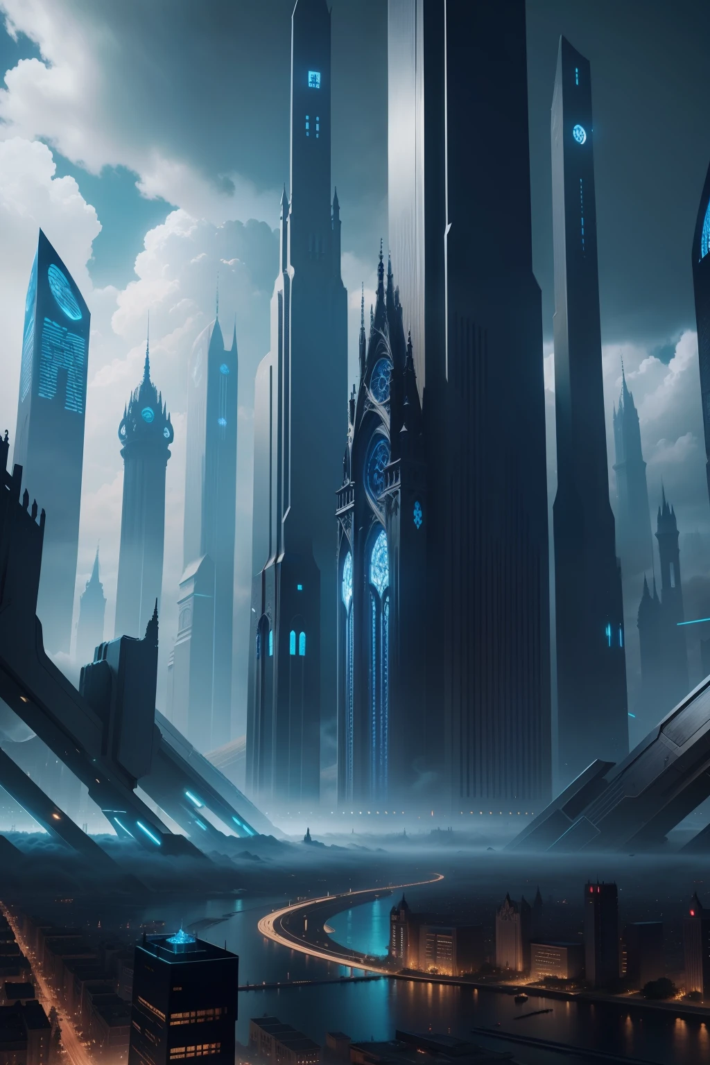 Futuristic Gothic city, 4k, High resolution, obra maestra, tonos oscuros de azul, Medieval Gothic