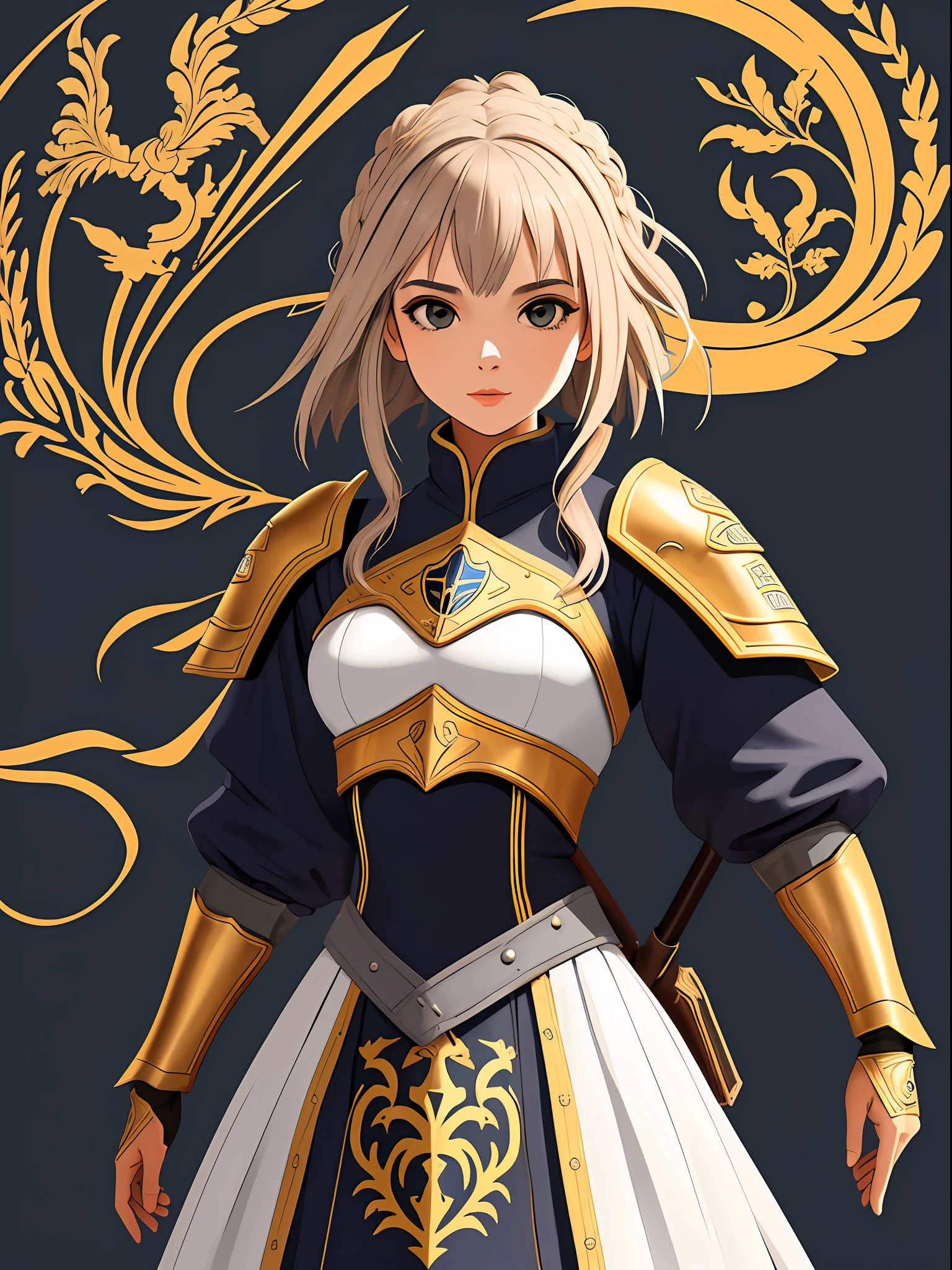 obra-prima, melhor qualidade, 1girl, solo, cabelo cacheado, armadura de placa medieval, boca fechada, fundo simples, Low arms, de frente lineart
